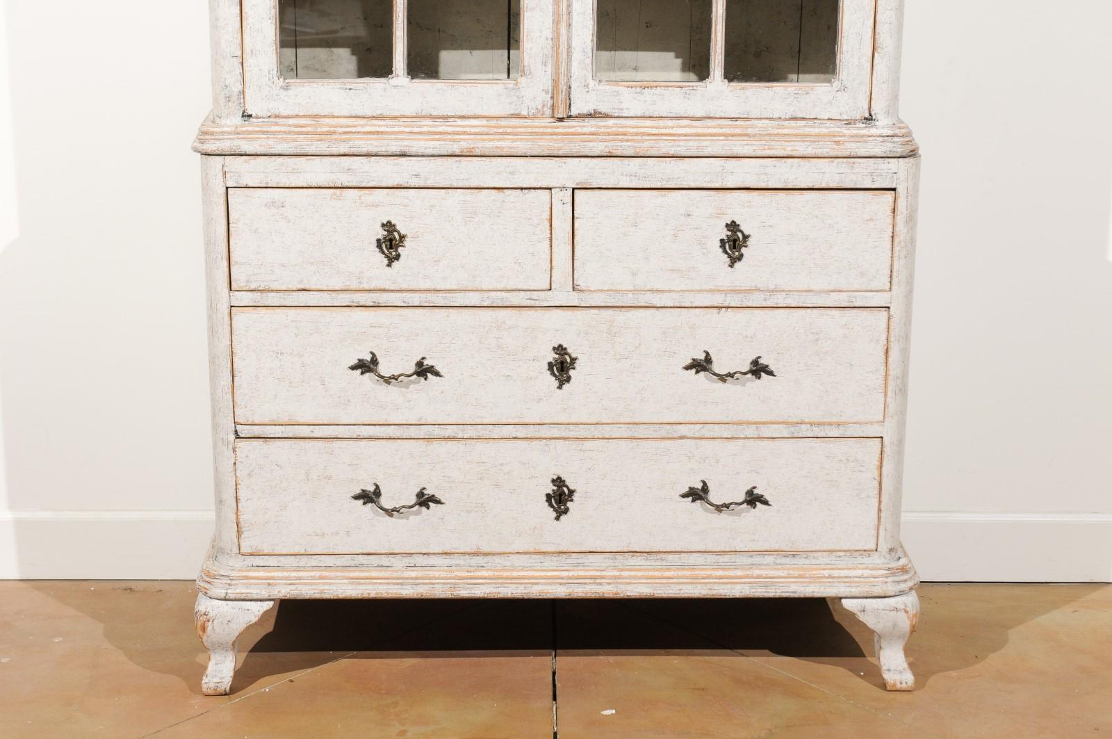 Swedish Rococo Style 19th Century Painted Vitrine with Glass Doors and Drawers For Sale 1
