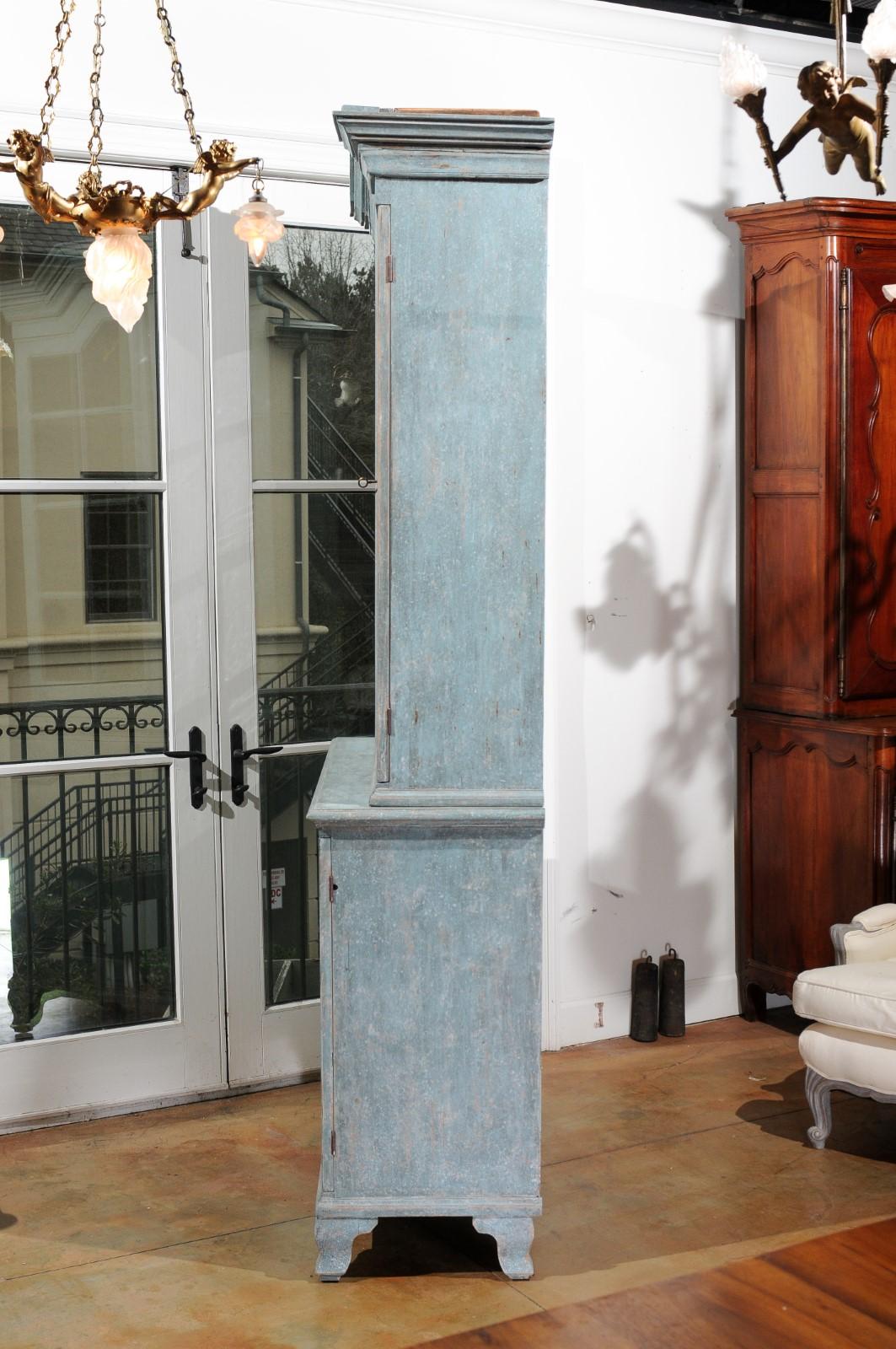 Swedish Rococo Style Blue Grey Cabinet with Linear Pediment and Glass Doors 4