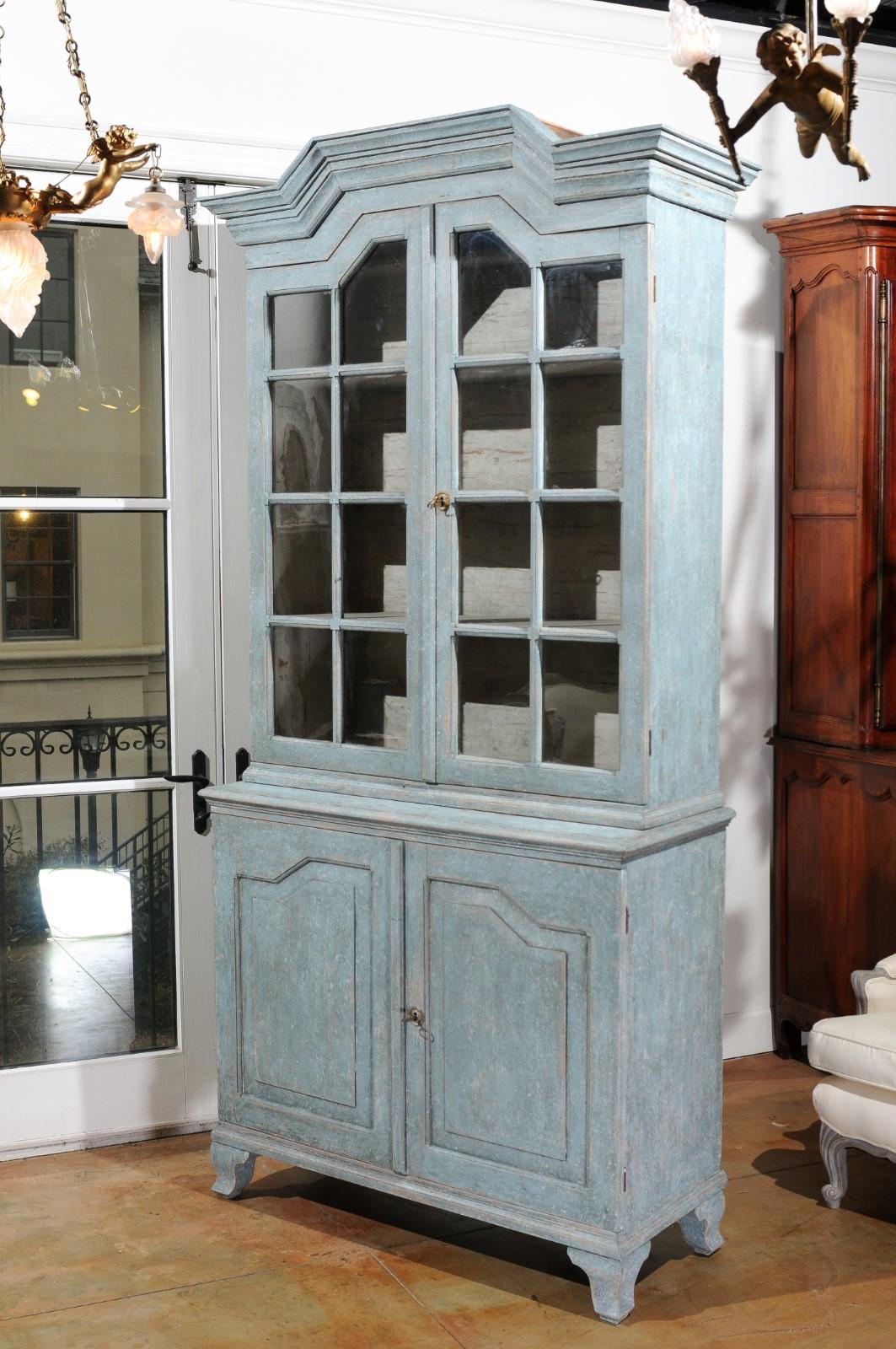 Swedish Rococo Style Blue Grey Cabinet with Linear Pediment and Glass Doors 6