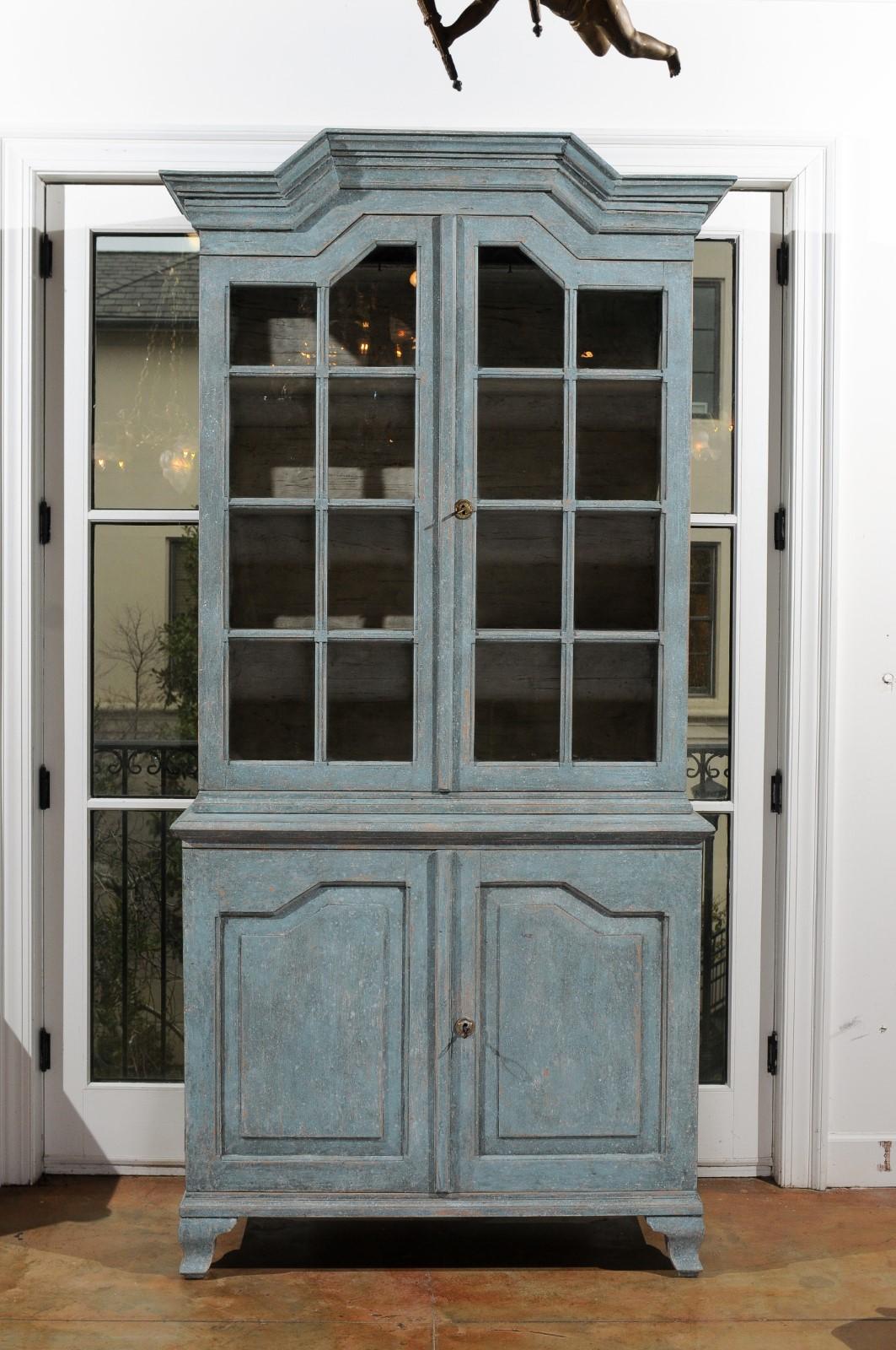 Painted Swedish Rococo Style Blue Grey Cabinet with Linear Pediment and Glass Doors