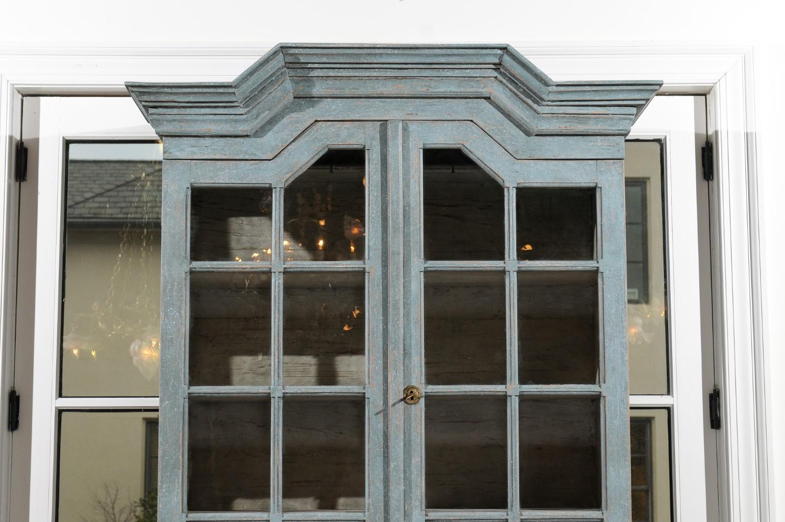 Swedish Rococo Style Blue Grey Cabinet with Linear Pediment and Glass Doors In Good Condition In Atlanta, GA