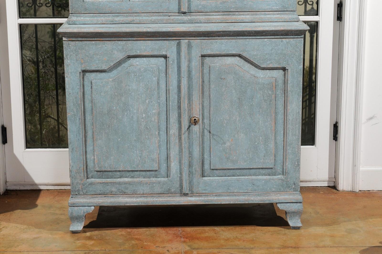 19th Century Swedish Rococo Style Blue Grey Cabinet with Linear Pediment and Glass Doors