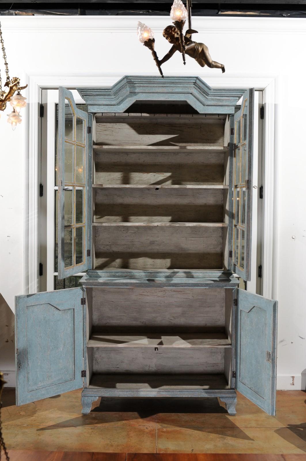 Wood Swedish Rococo Style Blue Grey Cabinet with Linear Pediment and Glass Doors