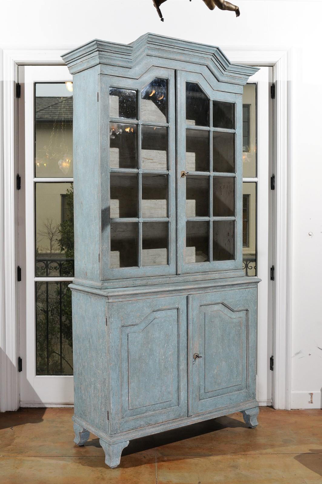 Swedish Rococo Style Blue Grey Cabinet with Linear Pediment and Glass Doors 1