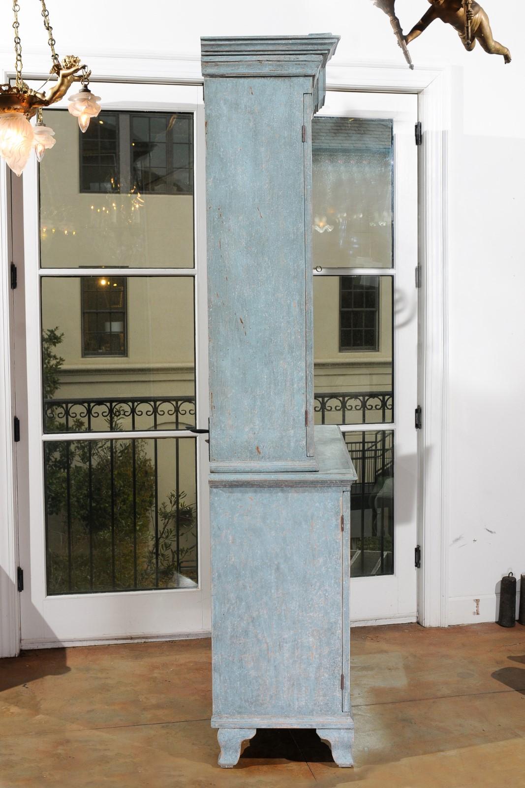 Swedish Rococo Style Blue Grey Cabinet with Linear Pediment and Glass Doors 2