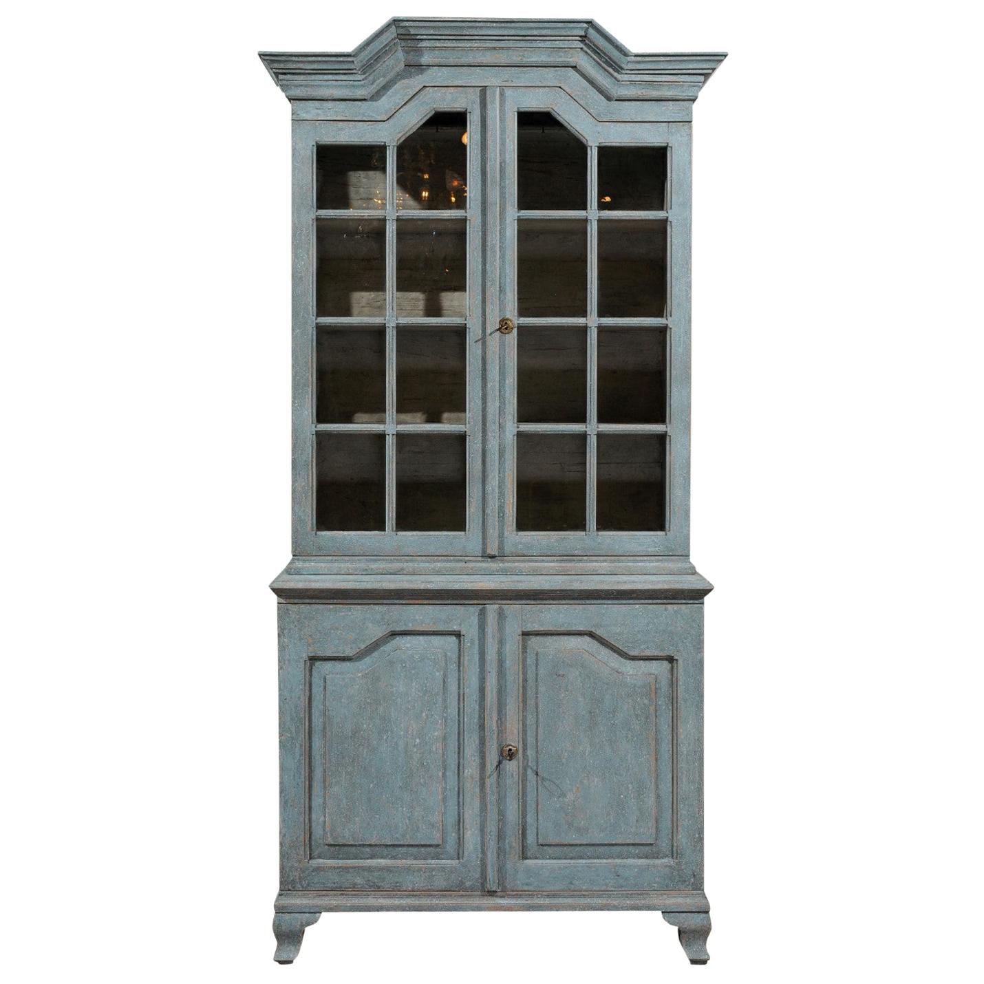 Swedish Rococo Style Blue Grey Cabinet with Linear Pediment and Glass Doors