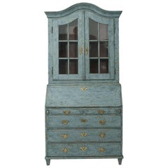 Antique Swedish Rococo Style Bureau / Secretaire, Blue Painted