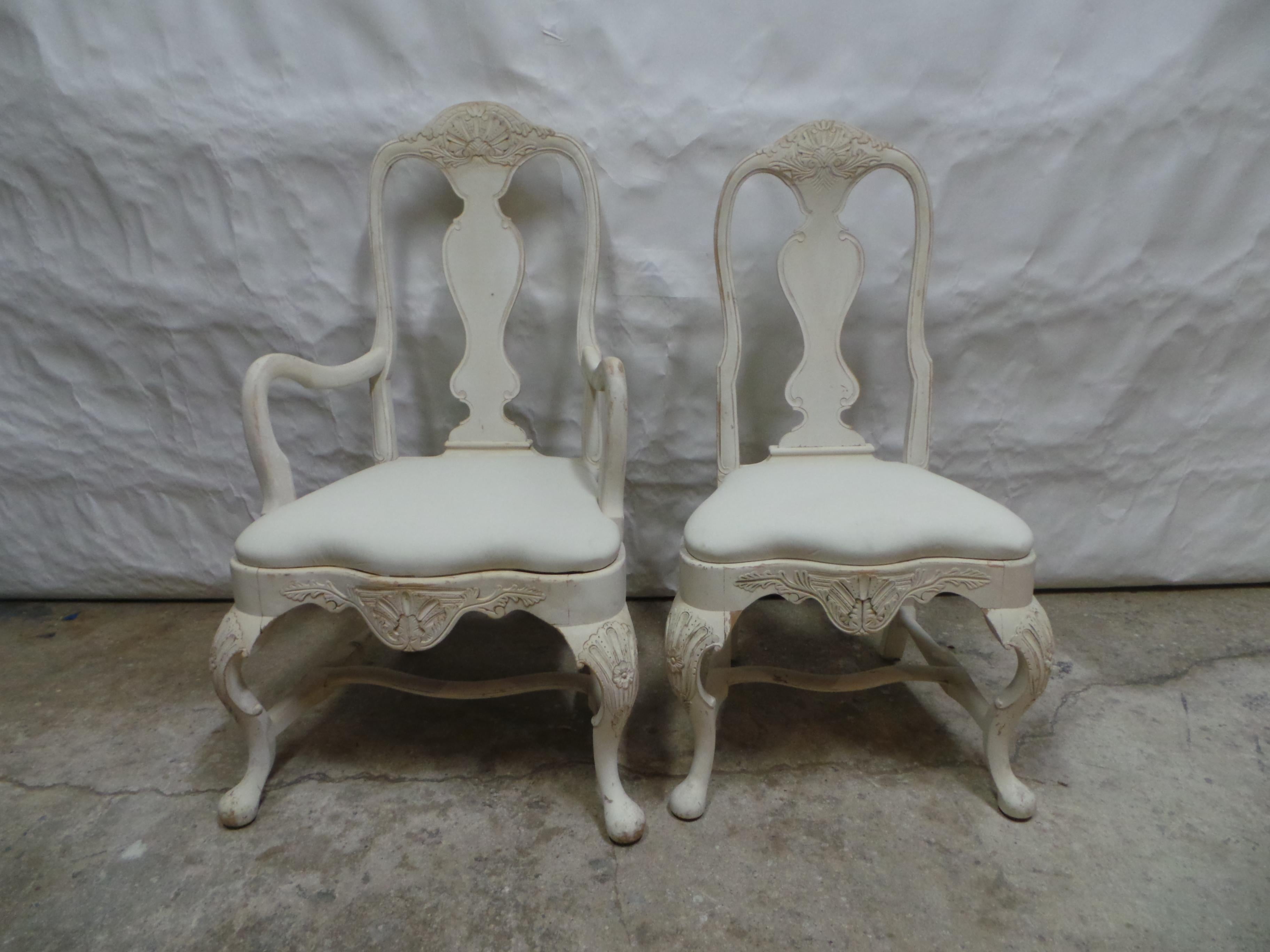 Wood Swedish Rococo Style Chairs 2 Arm 8 Side For Sale