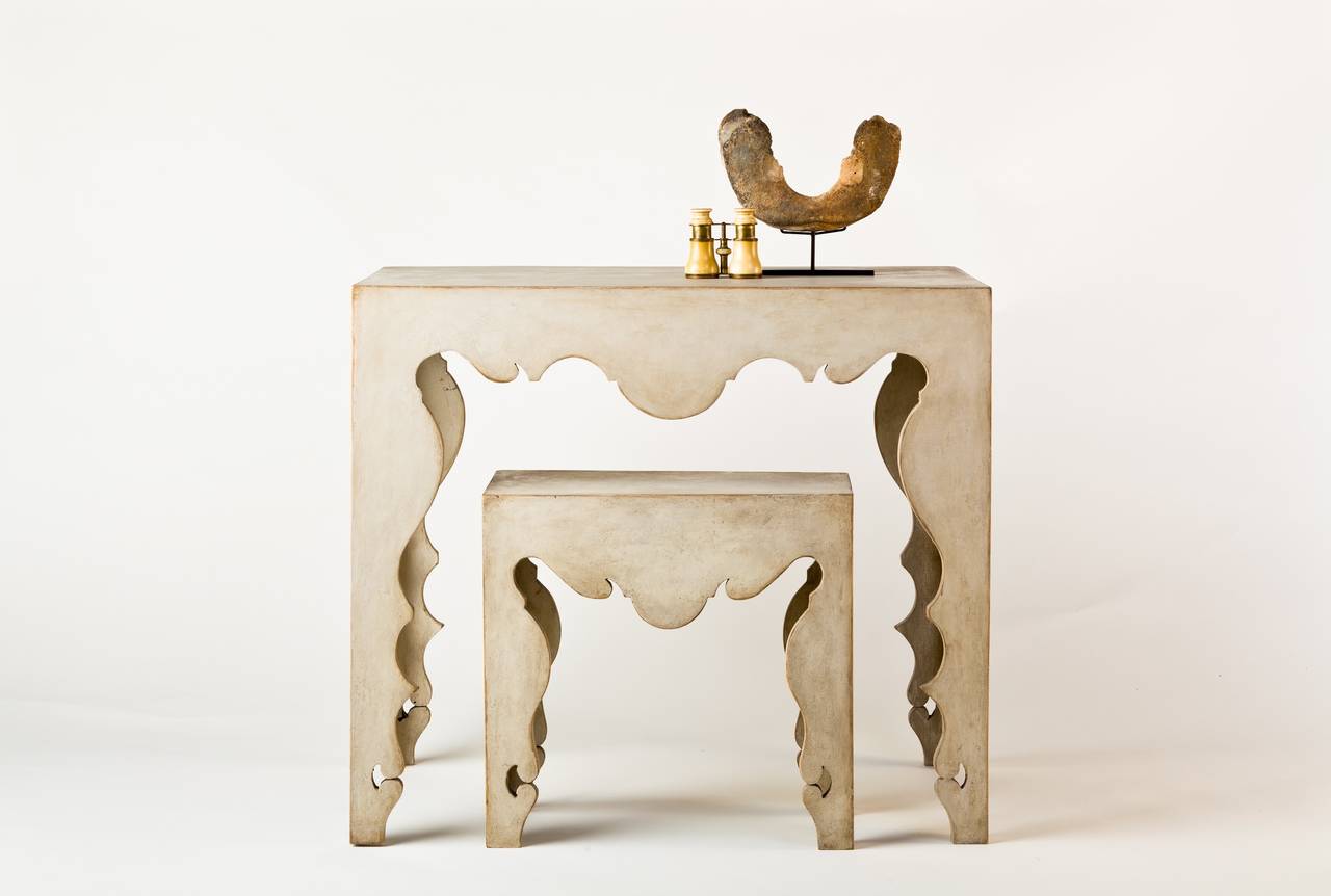 Swedish-inspired in both style and finish, this antique white custom Tara Shaw Maison collection Rococo console table will make a beautiful addition to any space. Pairs with Swedish Rococo coffee and martini tables. Handcrafted in New
