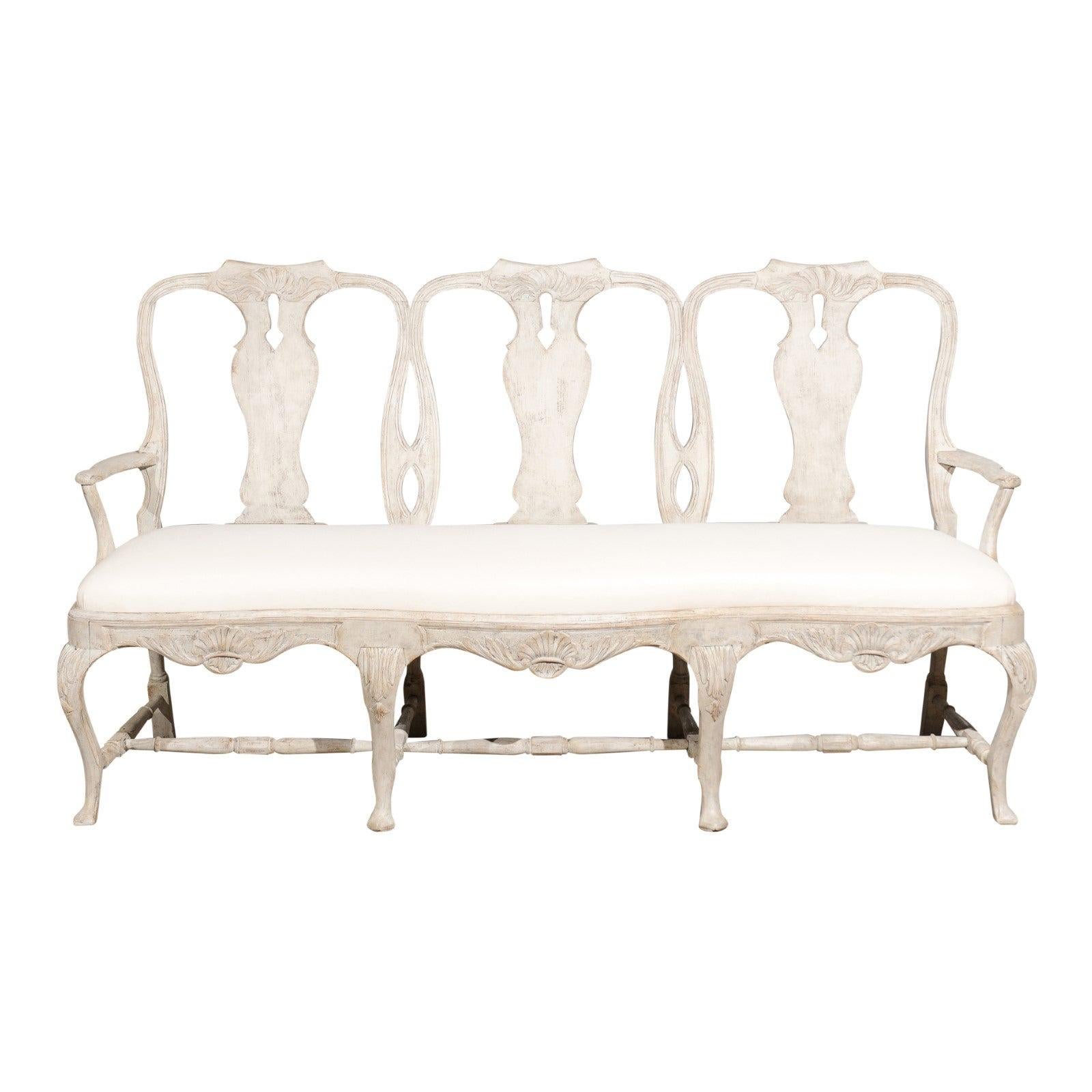 Swedish Rococo Style Painted Three-Seat Sofa with Cabriole Legs and Upholstery