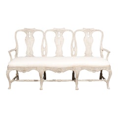 Swedish Rococo Style Painted Three-Seat Sofa with Cabriole Legs and Upholstery