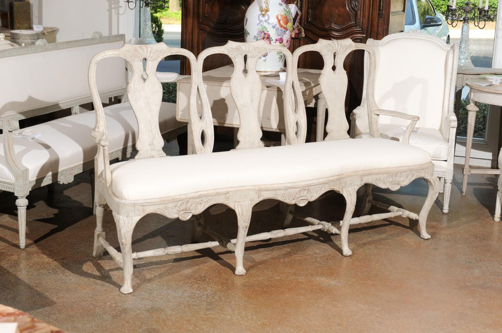 Wood Swedish Rococo Style Painted Three-Seat Sofa with Cabriole Legs and Upholstery