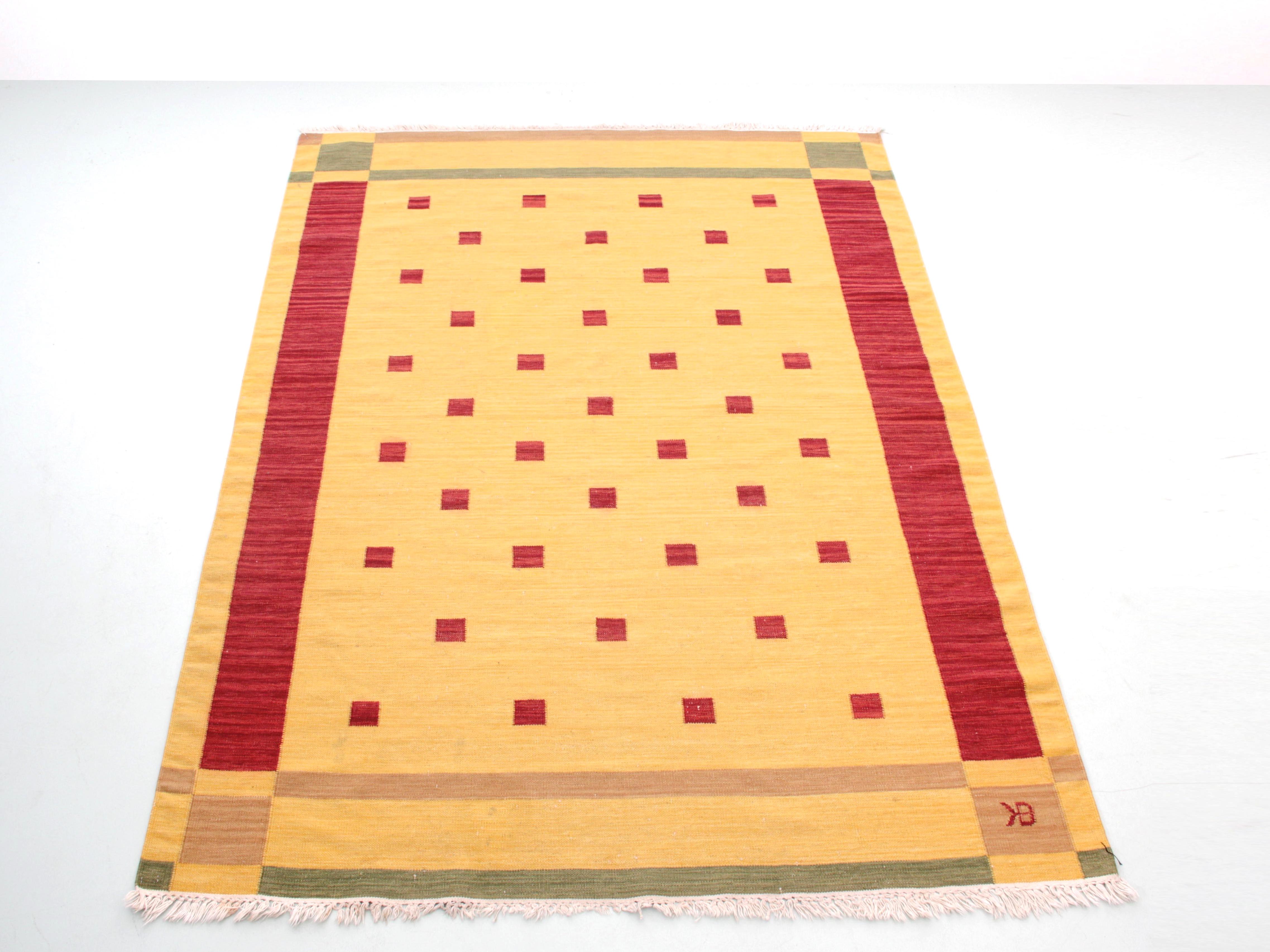 Swedish Rolakan carpet hand woven wool. geometric patterns. Signed with monograms KB. Measures: 230 x 170 cm.