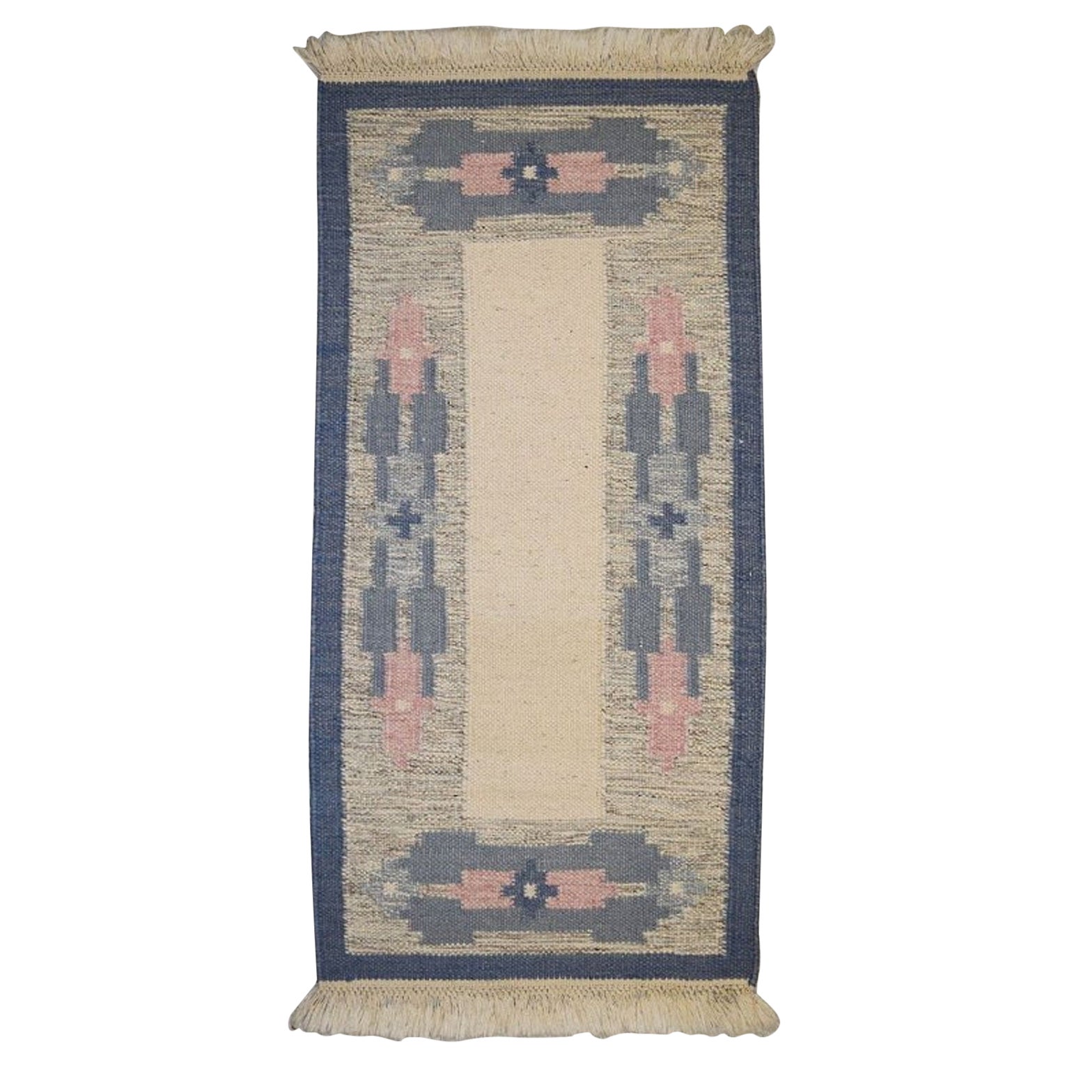 Tappeto svedese in lana intrecciata a mano Rölakan con frange, anni '60 in vendita
