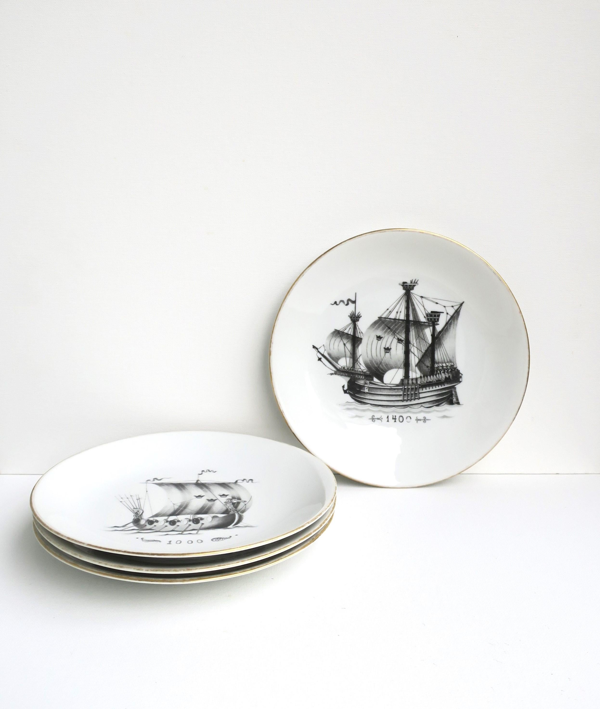 A beautiful set of four (4) Swedish nautical porcelain plates by Rörstrand, circa 20th century, Sweden. Plates are nautical themed with antique sailing ships in black and charcoal hues on a white porcelain ground, with the rim of plates edged in
