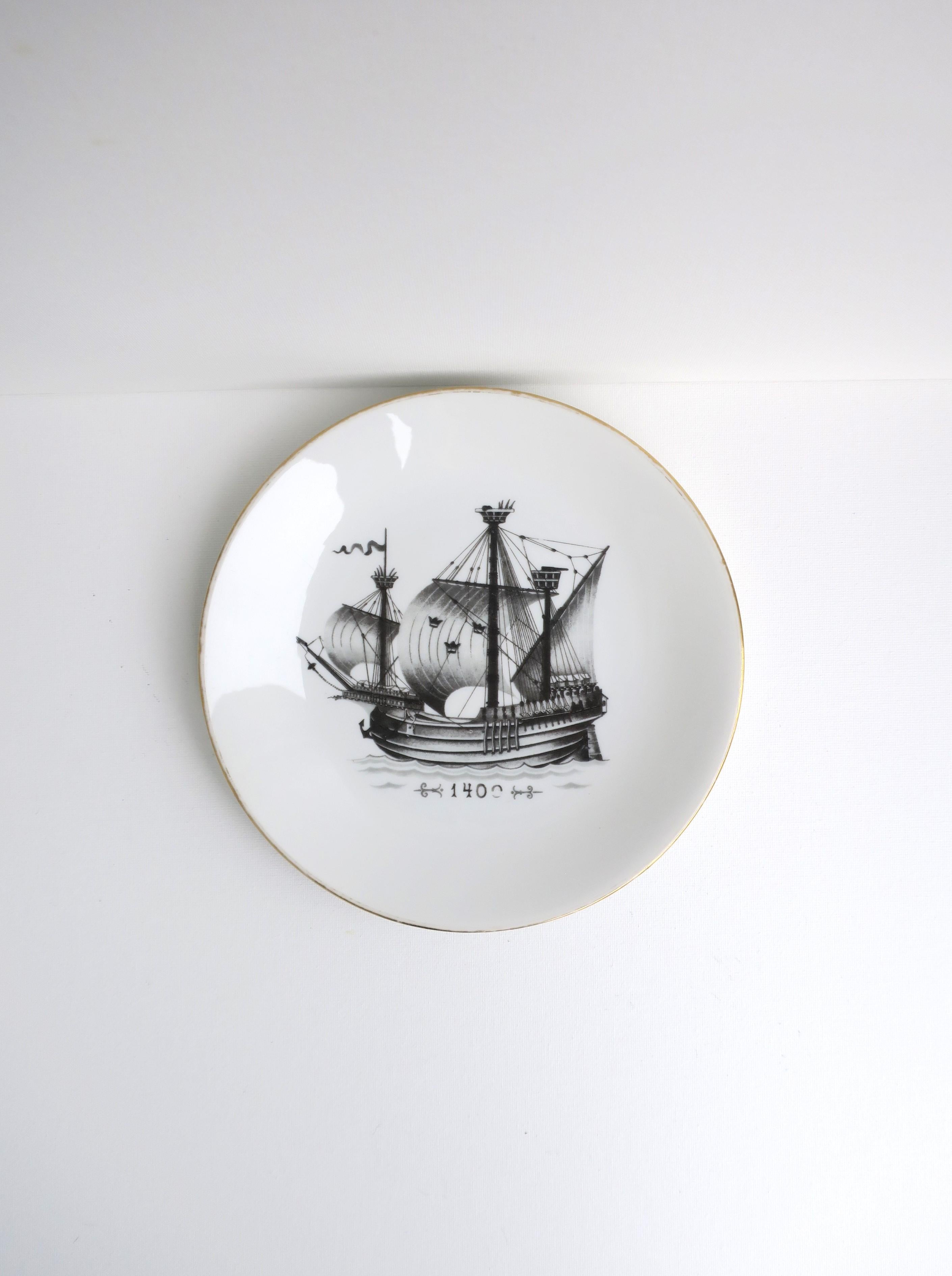 Glazed Swedish Rörstrand Nautical Black and White Porcelain Plates, Set of 4  For Sale
