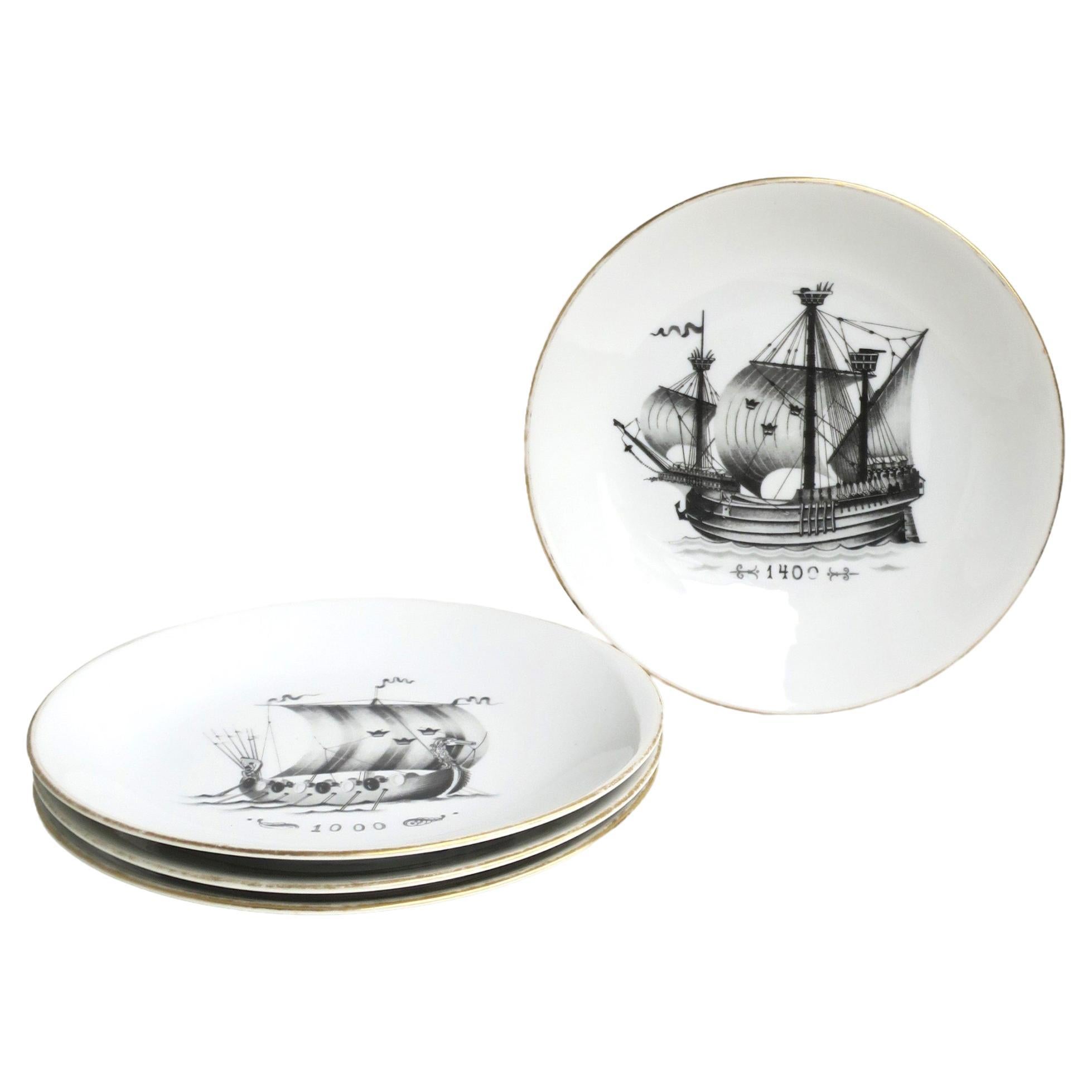 Swedish Rörstrand Nautical Black and White Porcelain Plates, Set of 4  For Sale