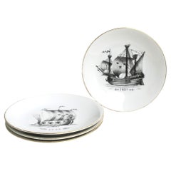 Vintage Swedish Rörstrand Nautical Black and White Porcelain Plates, Set of 4 