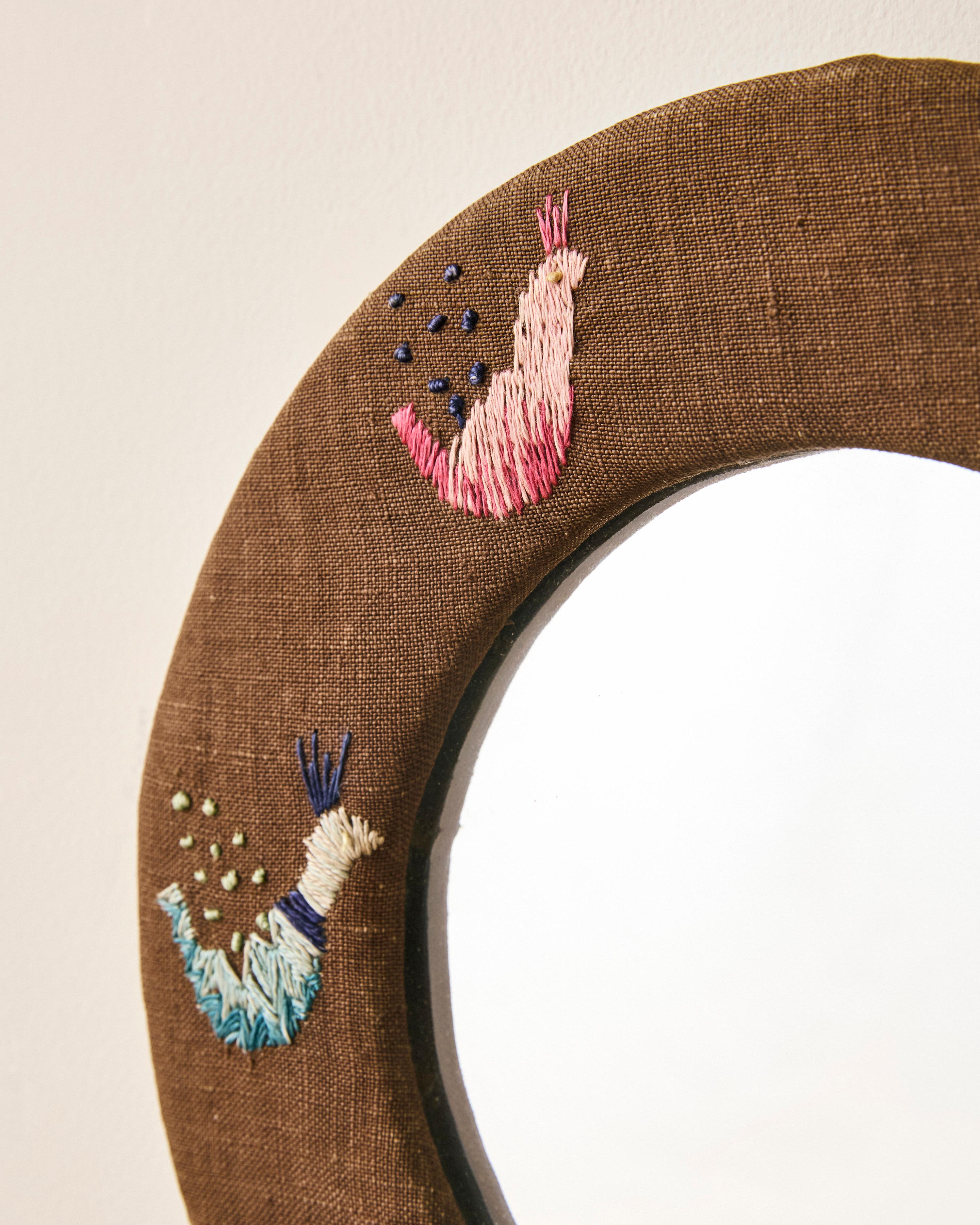 Mid-20th Century Swedish Round Embroidered Mirror For Sale