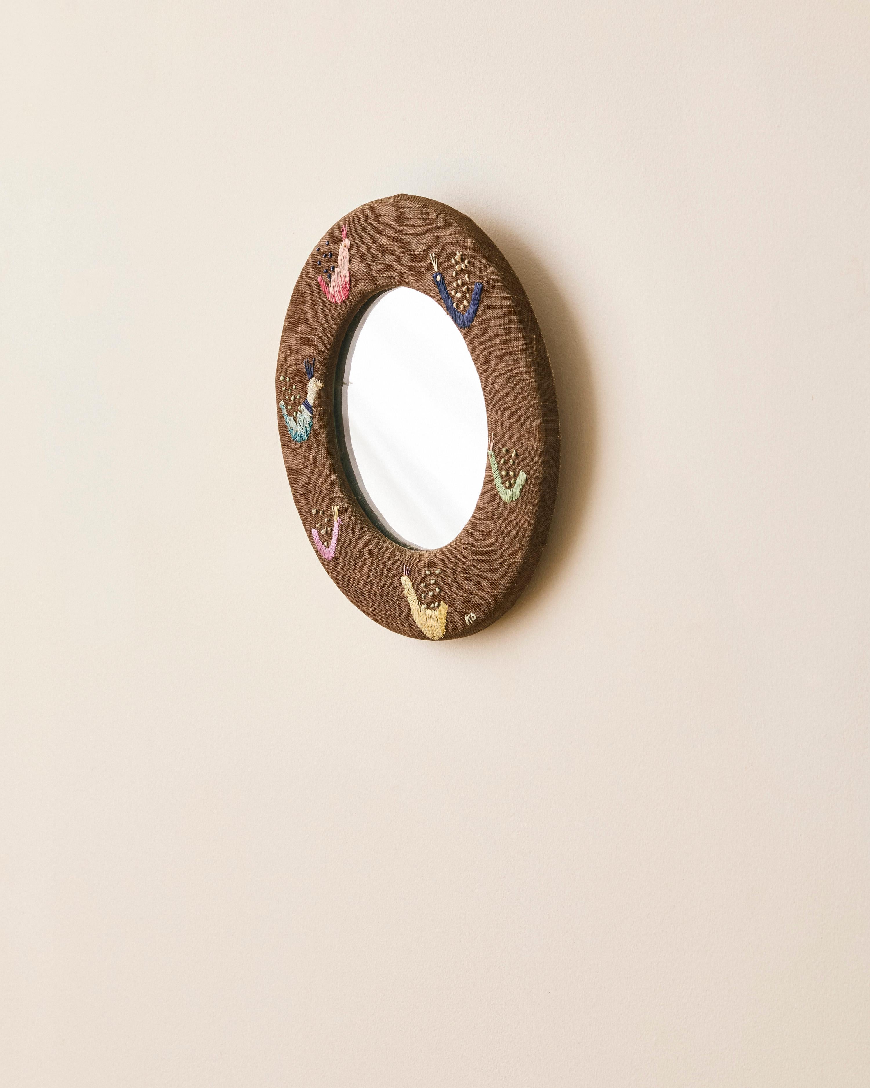 Fabric Swedish Round Embroidered Mirror For Sale