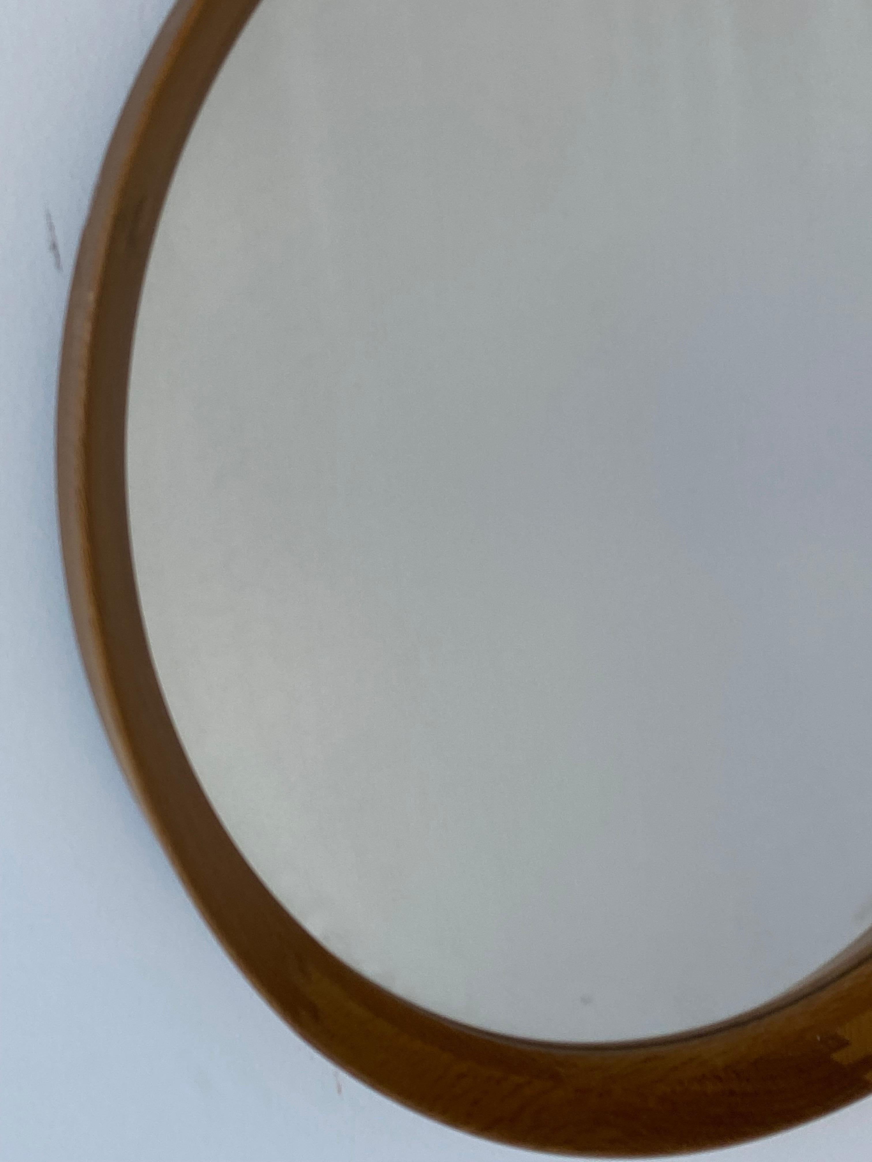 Mid-Century Modern Swedish, Round Wall Mirror, Solid Oak, Leather, Mirror Glass, Sweden, 1960s