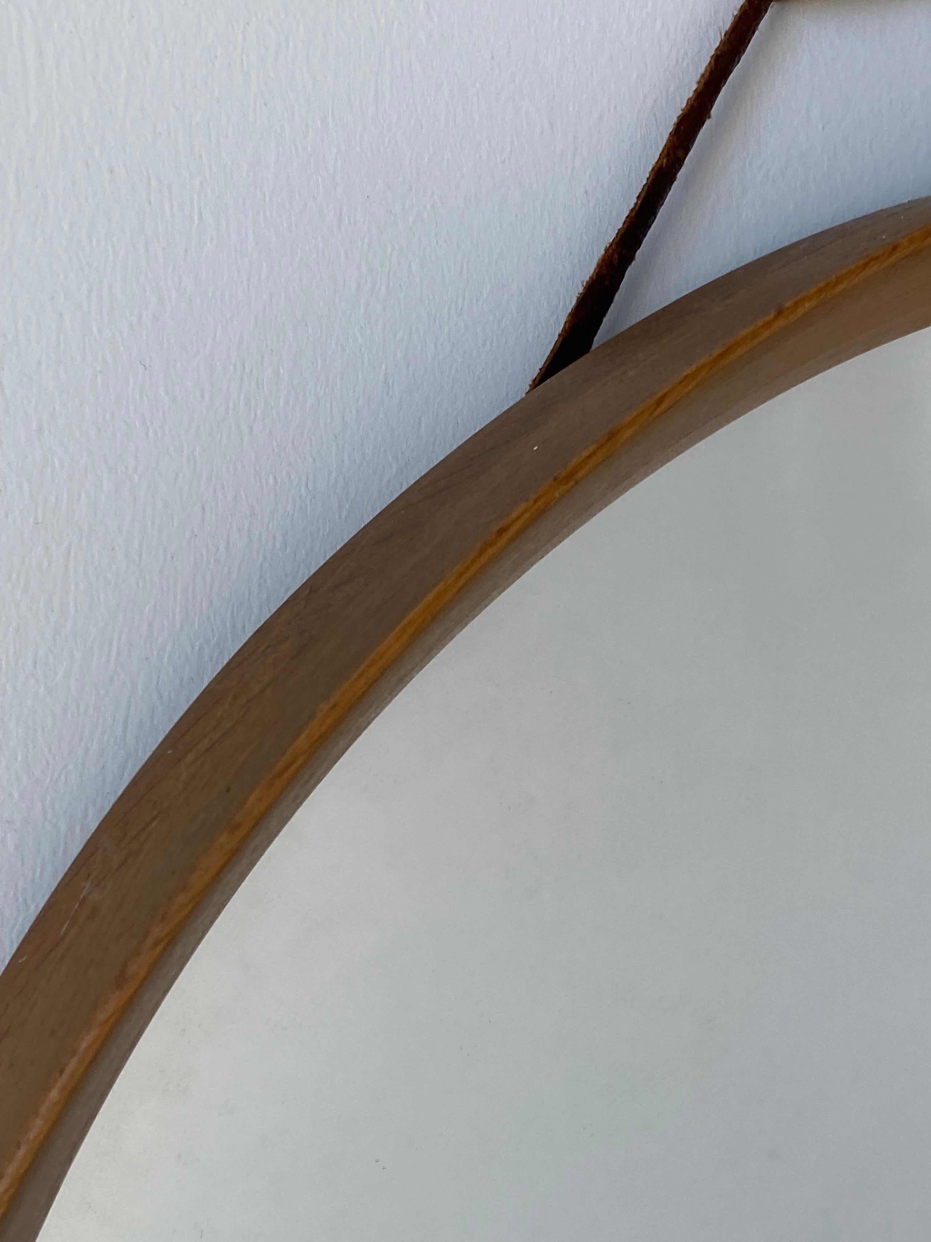 Swedish, Round Wall Mirror, Solid Oak, Leather, Mirror Glass, Sweden, 1960s In Good Condition In High Point, NC