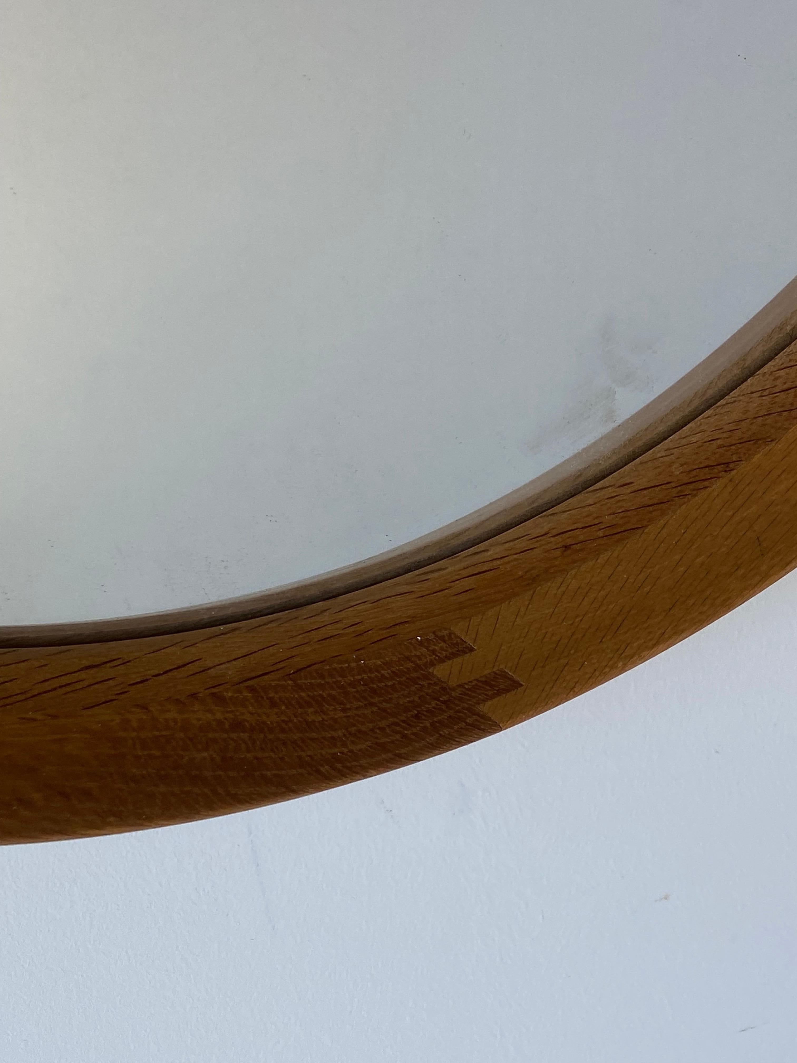 Swedish, Round Wall Mirror, Solid Oak, Leather, Mirror Glass, Sweden, 1960s 1