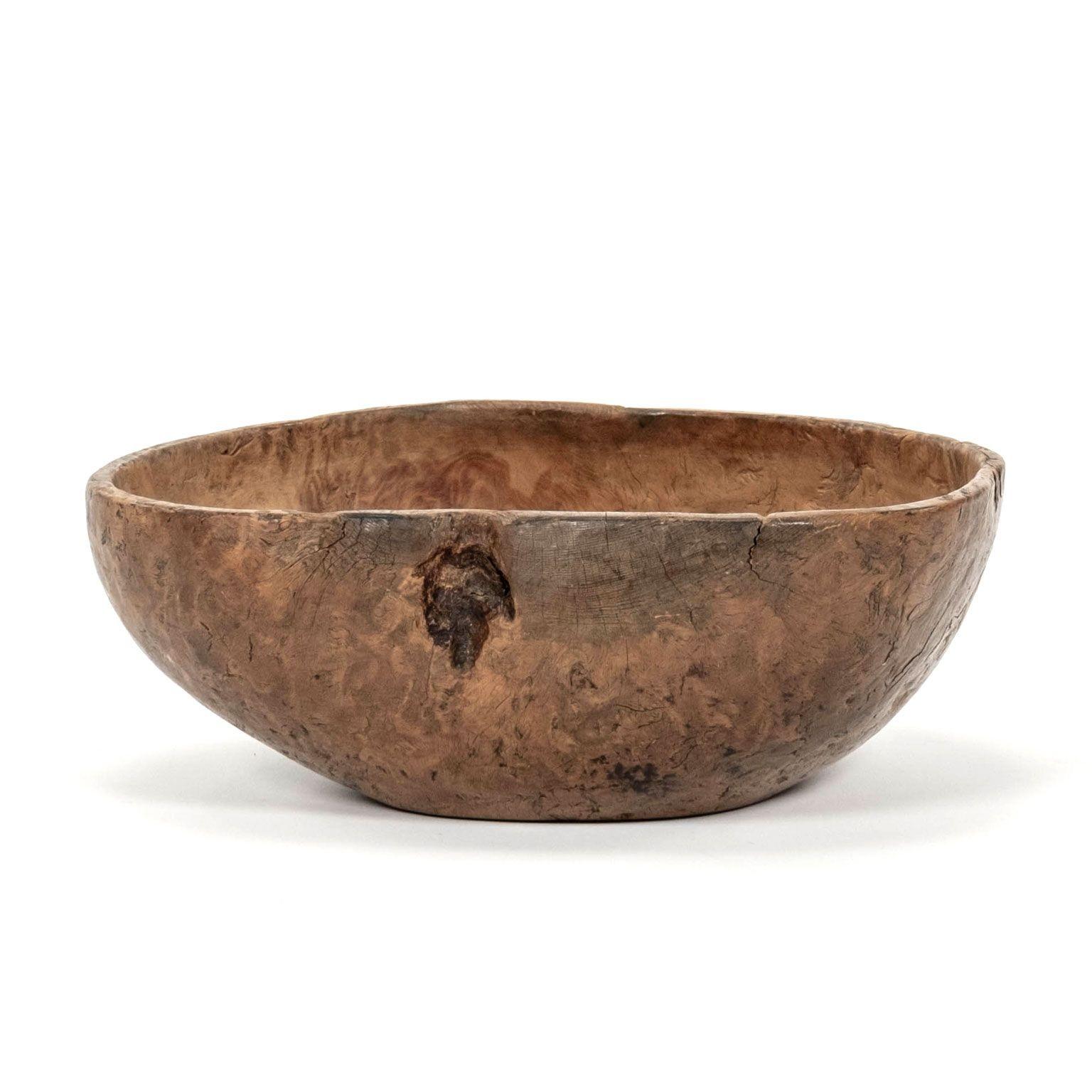 Swedish Round Yellow Ocher-Painted Primitive Dug-Out Root Bowl In Fair Condition In Houston, TX
