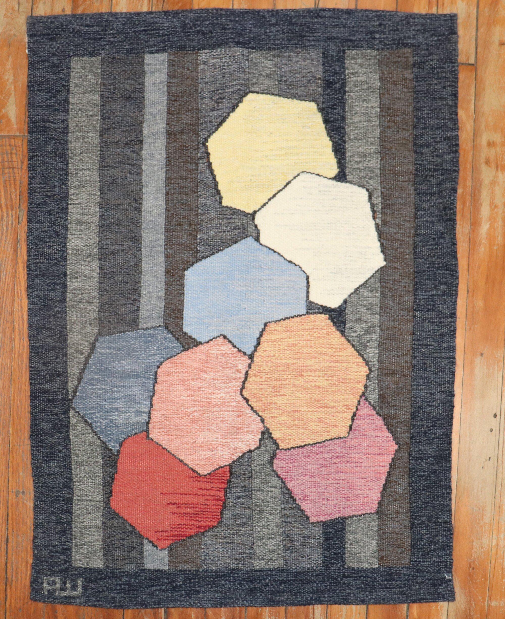Abstract Swedish flatweave carpet by Alice Wallebäck 

Measures: 24'' x 32''


Alice Wallebäck rugs are beautiful Swedish röllakan carpets with a distinctive style. She tends to use recurring square patterns and colours in red, blue, green and