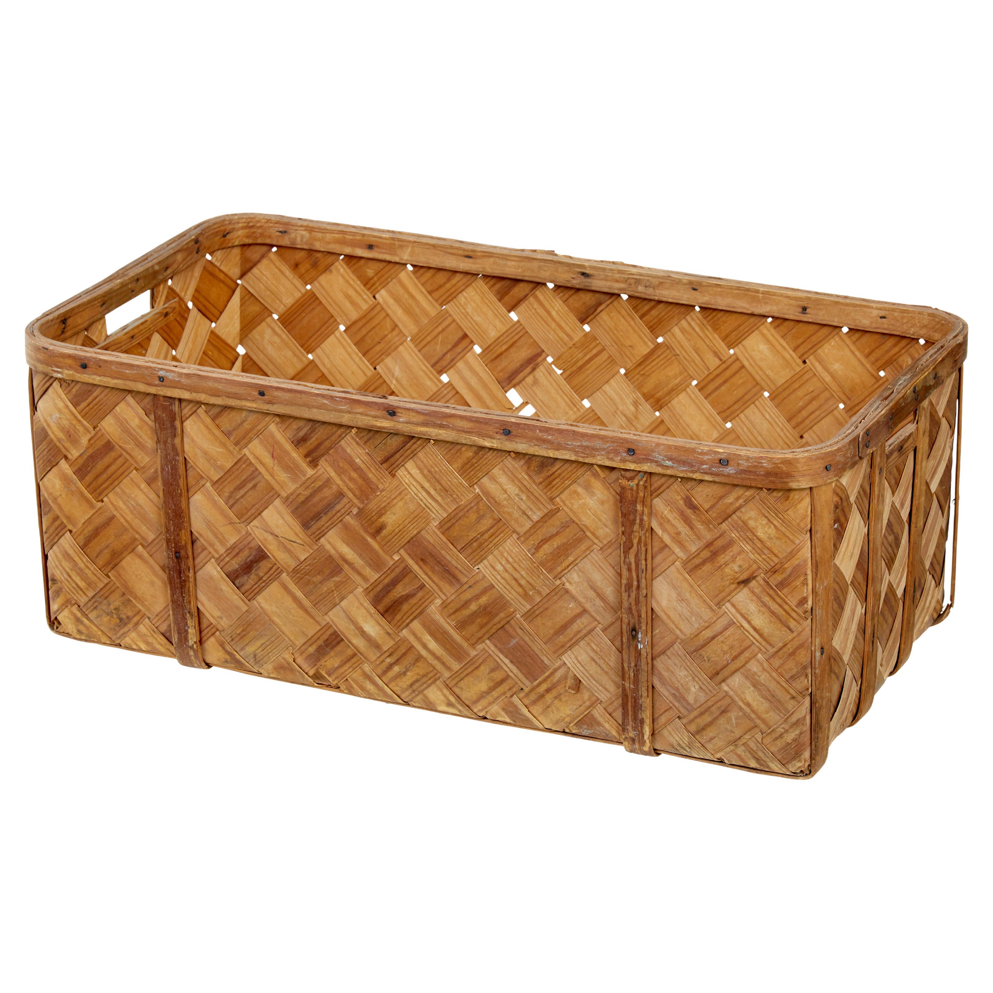 Swedish rustic 19th century pine woven basket For Sale