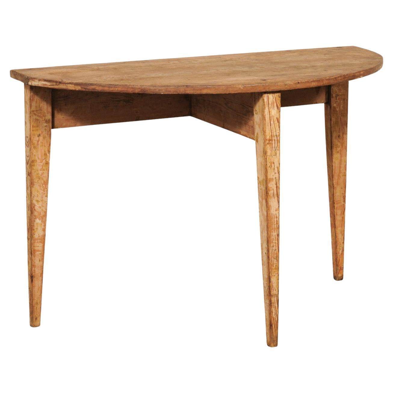 Swedish Rustic Antique Wooden Demi-Lune Console Table For Sale