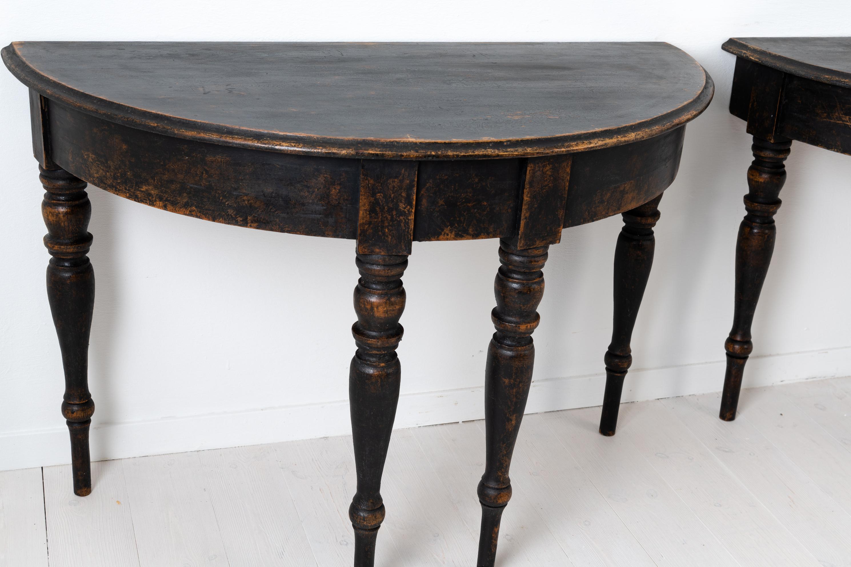 19th Century Swedish Rustic Black Demilune Tables
