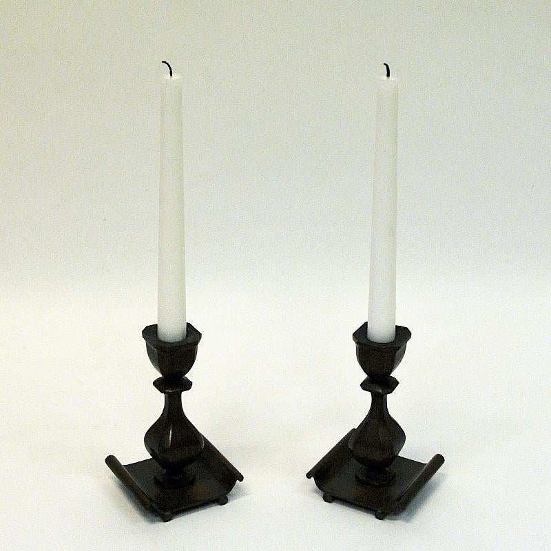 Scandinavian Modern Swedish Rustic Bronze Candleholder Pair by Sune Bäckström 1930s For Sale