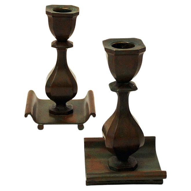 Swedish Rustic Bronze Candleholder Pair by Sune Bäckström 1930s For Sale