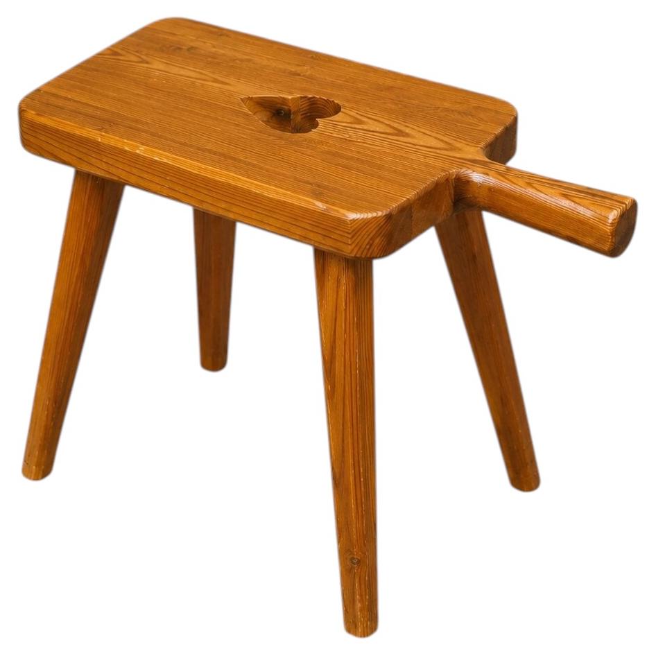 Swedish Rustic Pine Milking Stool with Heart Cut-Out, 1960s