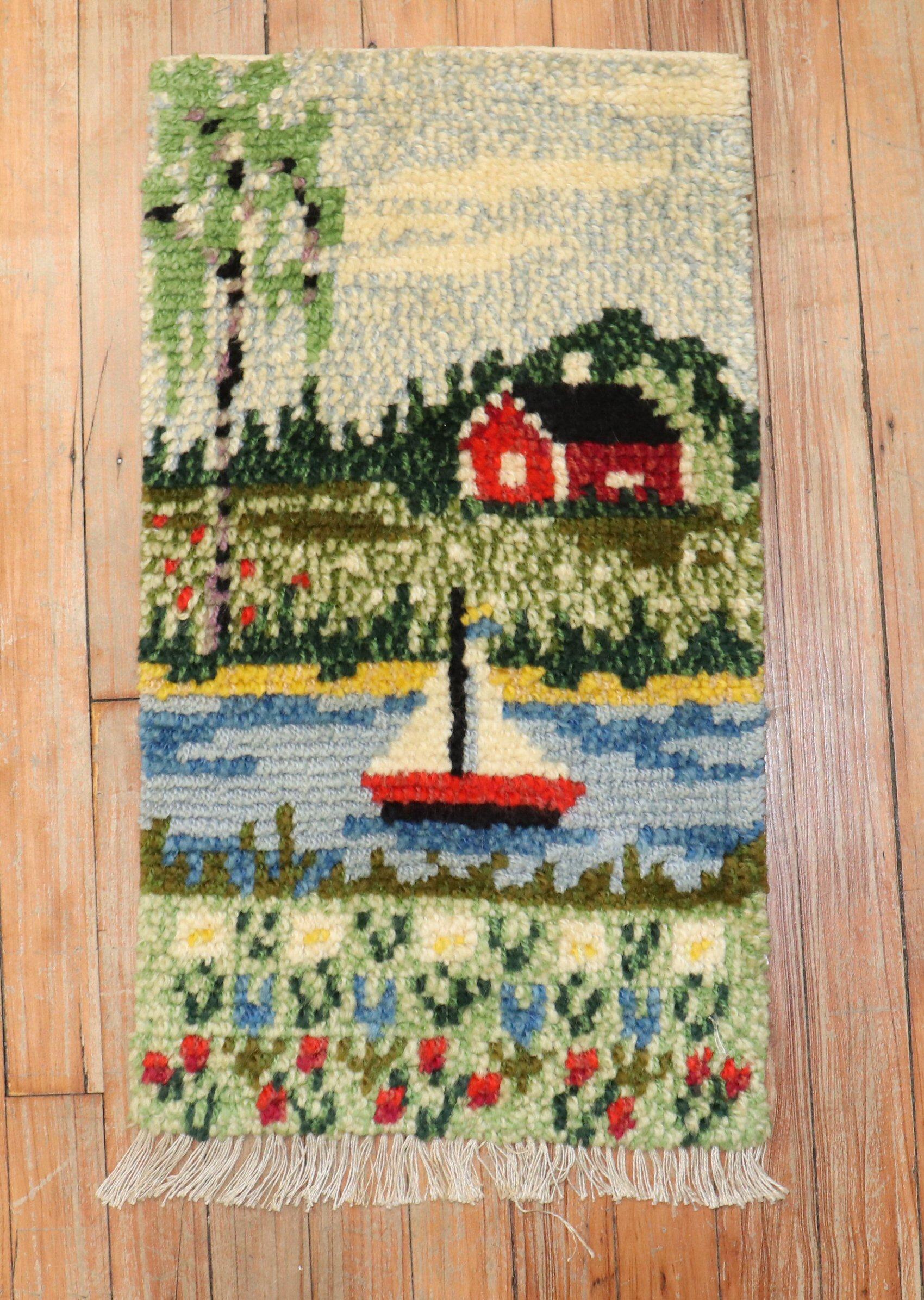 Marvelous small plush Swedish Rya rug from the 21st century with a pictorial motif

Measures: 1'2” x 2'1”

Swedish Rya rugs are extremely colorful, lovely and quite chic and each have their own character to them. They tend to have thicker shaggy