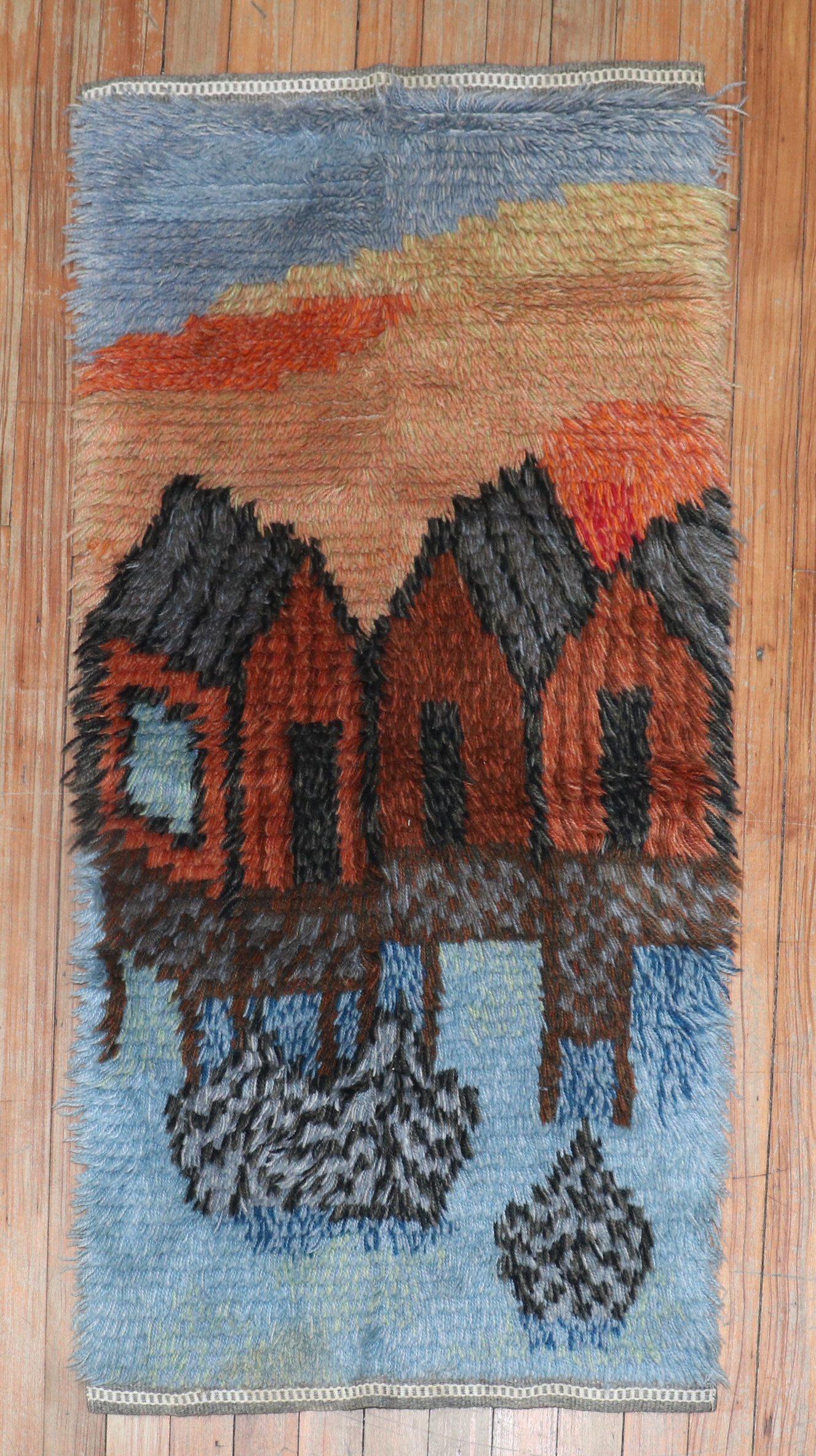 Marvelous small plush Swedish Rya rug from the Mid-20th Century

Measures: 1'10” x 3'9”

Swedish Rya rugs are extremely colorful, lovely and quite chic and each have their own character to them. They tend to have thicker shaggy piles which were
