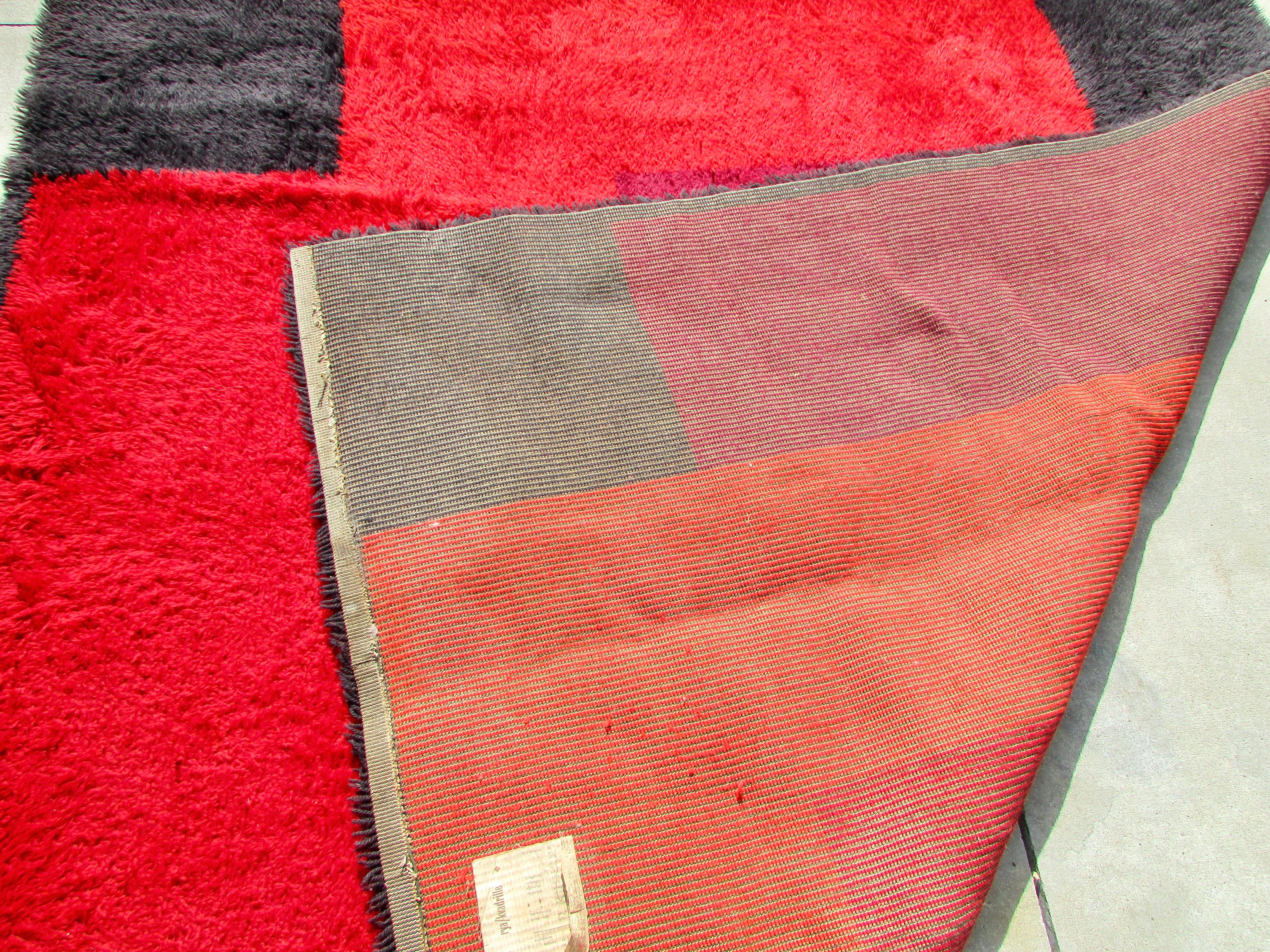 Swedish Rya Rug in Geometric Pattern of Red Orange and Black For Sale 5