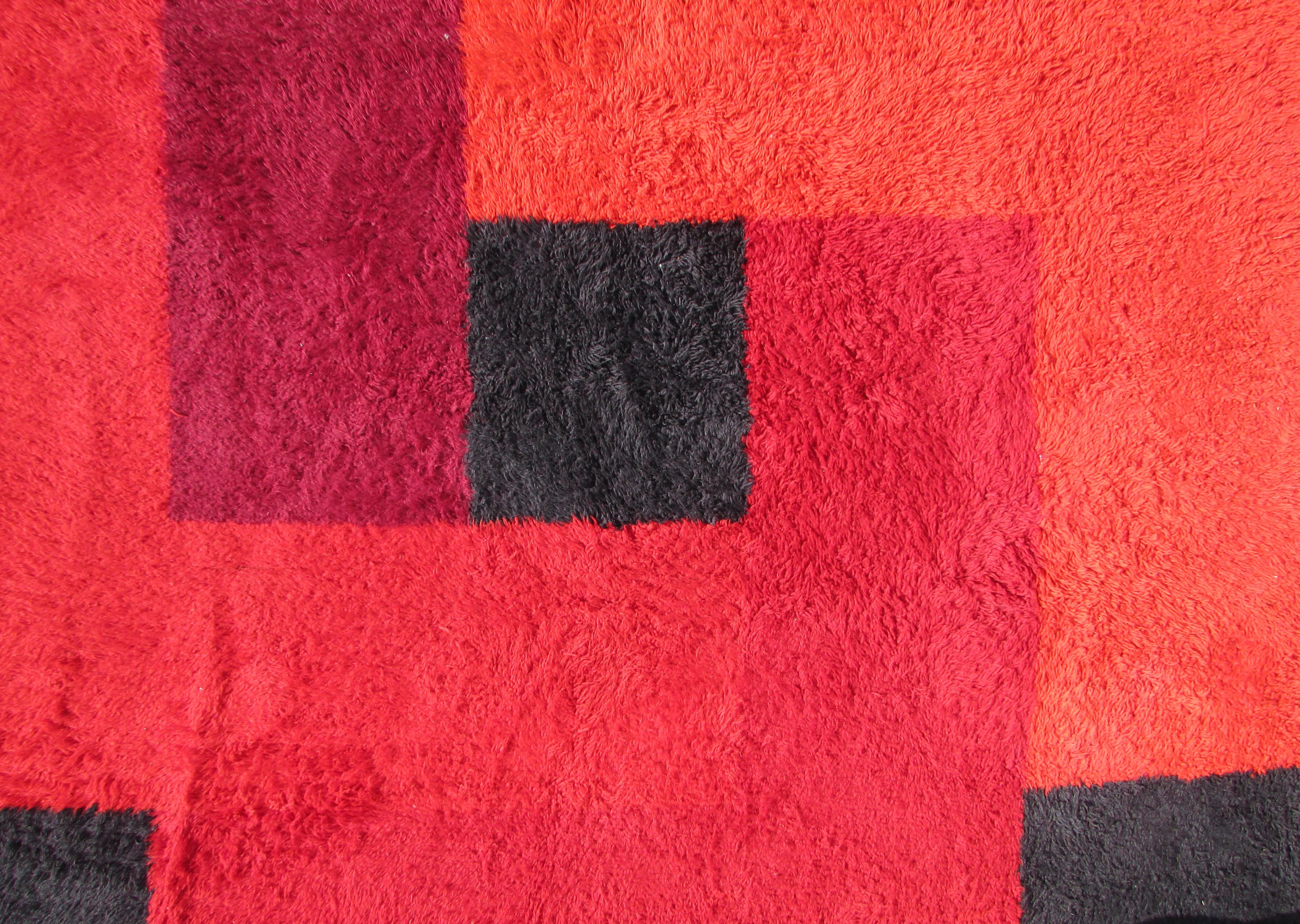 Swedish Rya Rug in Geometric Pattern of Red Orange and Black For Sale 2