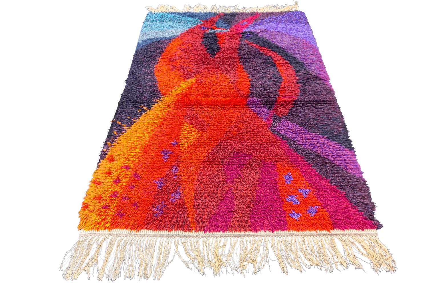 Hand-Knotted Swedish Rya Wool Rug Vintage Signed E.F.G.3, 1950-1970 For Sale