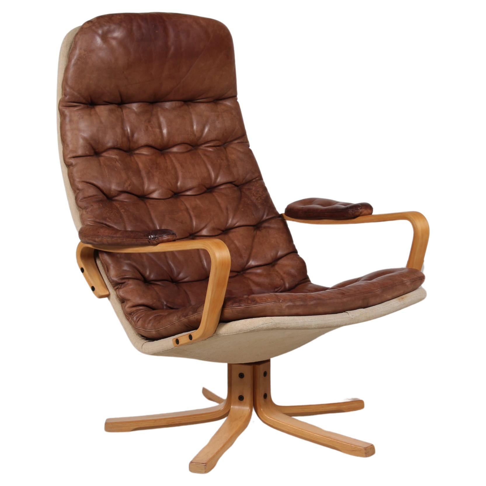 Swedish Sam Larsson Mona Roto Swivel Chair Beech and Cognac Colored Leather 1970