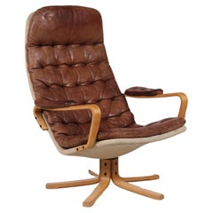 Swedish Sam Larsson Mona Roto Swivel Chair Beech and Cognac Colored Leather 1970