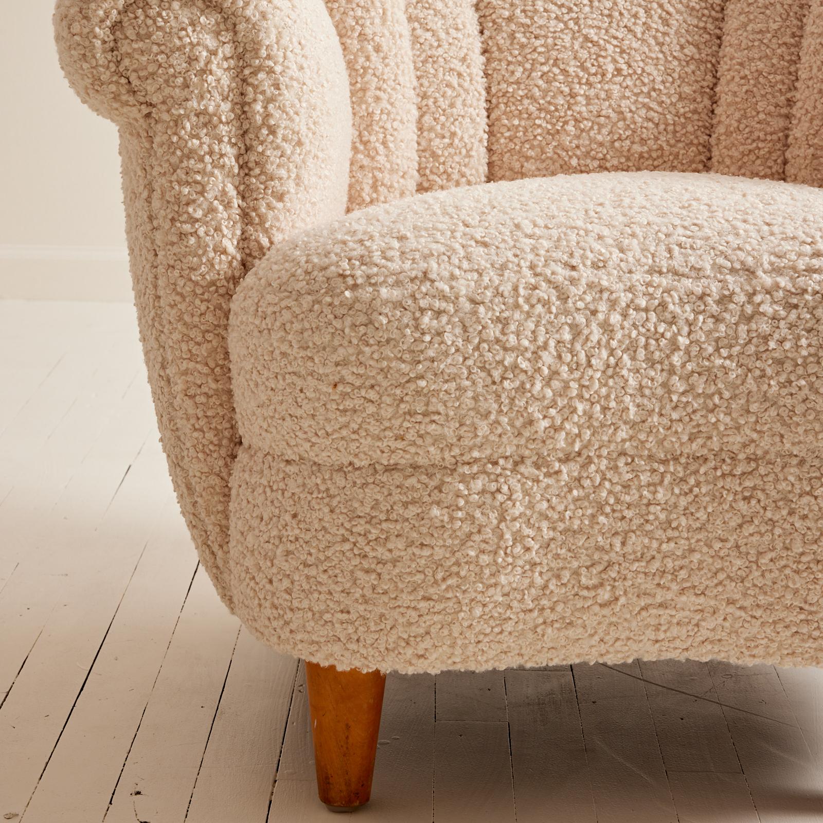 Swedish Scandinavian 1940's Wingback Chair in Sherpa Boucle 4