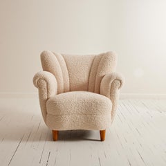 Swedish Scandinavian 1940's Wingback Chair in Sherpa Boucle