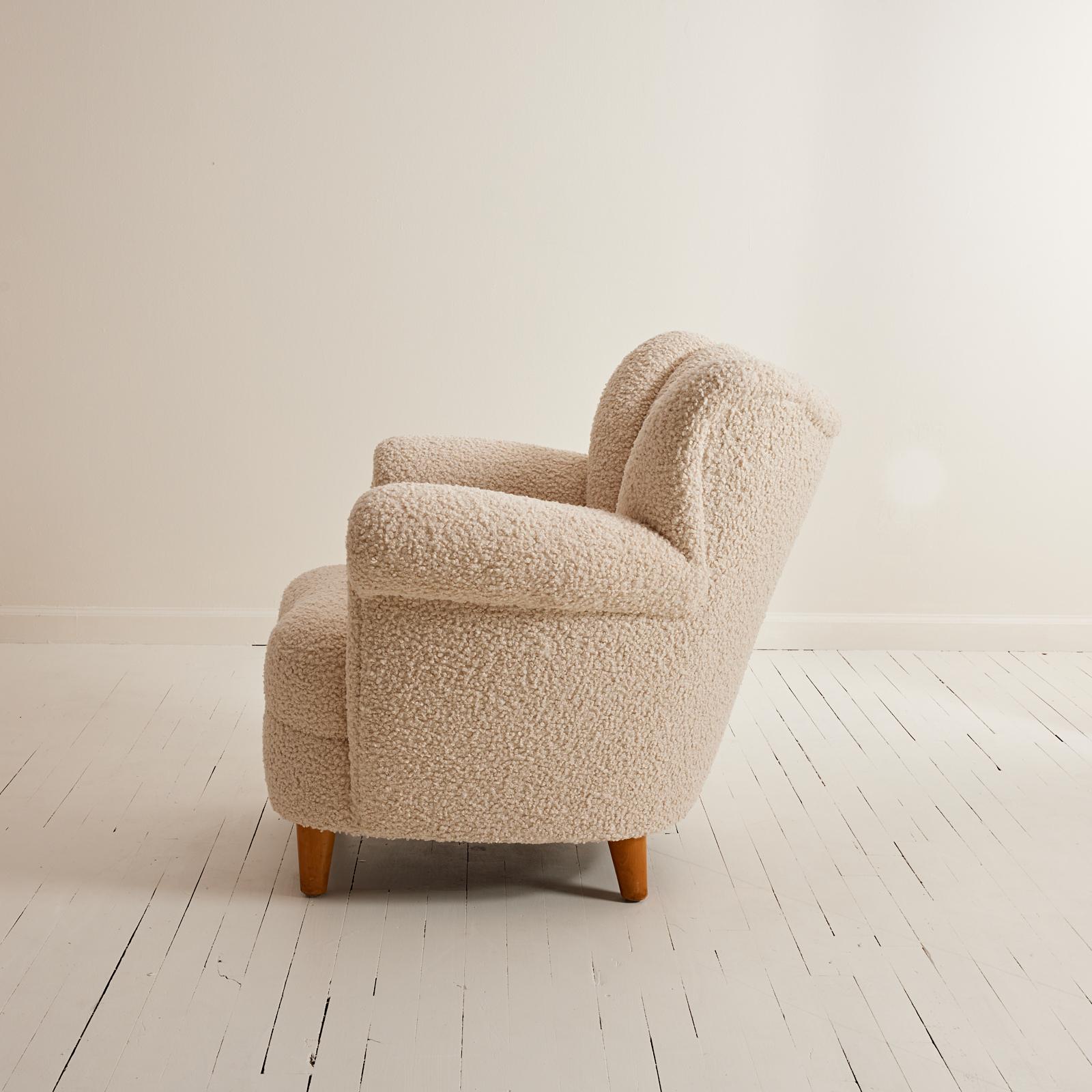 Swedish Scandinavian 1940's Wingback Chair in Sherpa Boucle In Excellent Condition In Brooklyn, NY