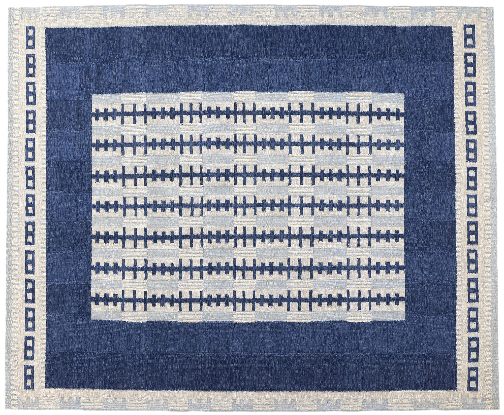Swedish Scandinavian Blue Kilim Rug Inspired By Irma Kronlund For Sale 