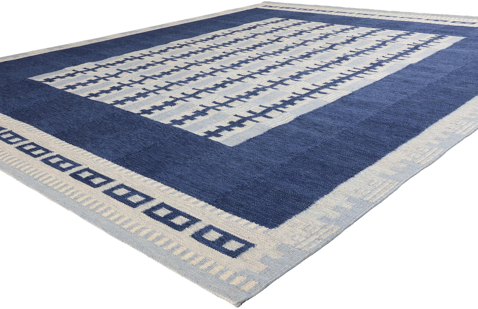 31127 Scandinavian Modern Swedish Inspired Kilim Rug, 09'11 x 11'11. In this captivating handwoven wool Swedish-inspired kilim rug, Scandinavian Modern style meets the tranquil essence of Biophilic Design. The mesmerizing geometric patterns and