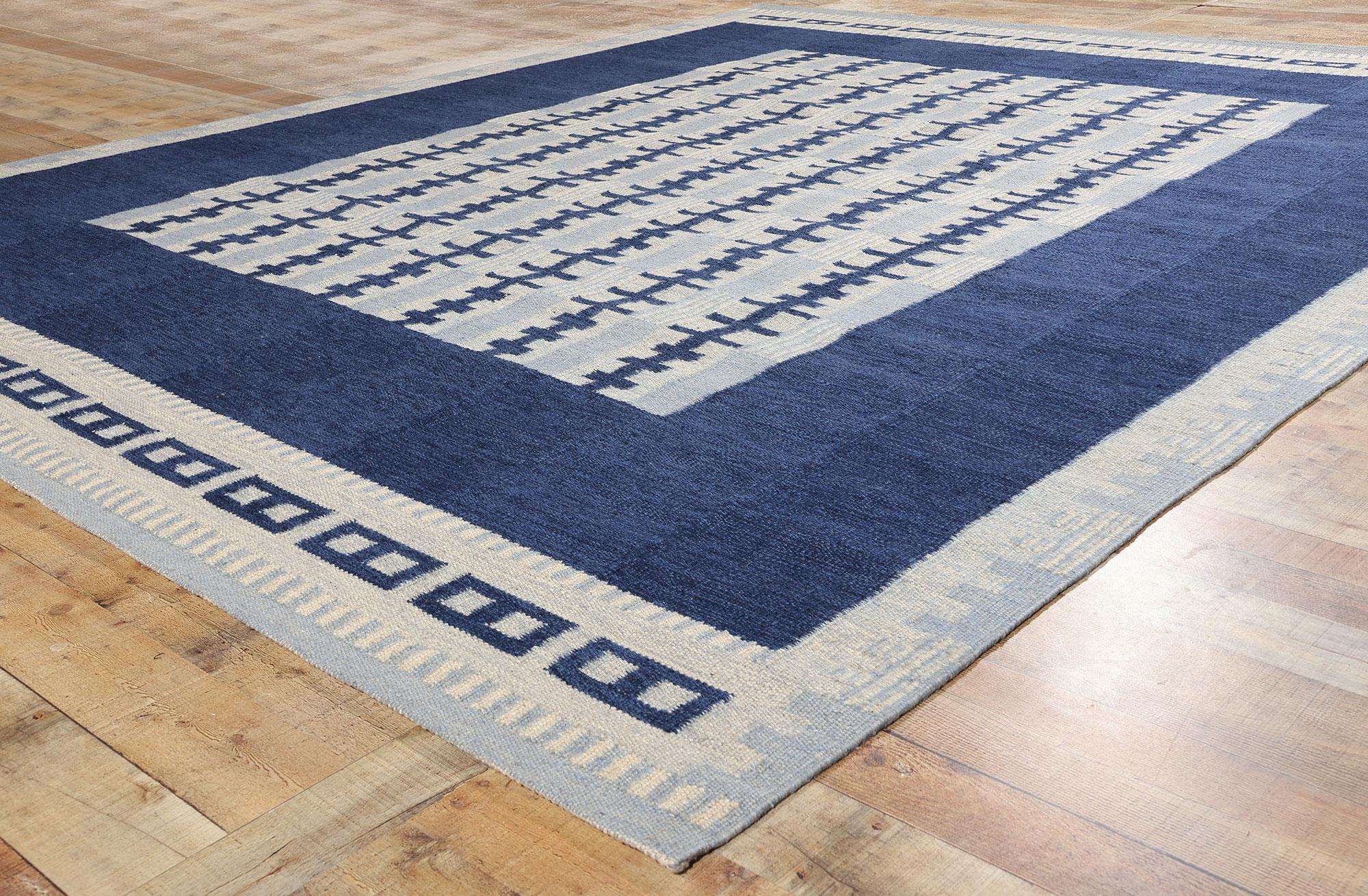 Contemporary Swedish Scandinavian Blue Kilim Rug Inspired by Irma Kronlund For Sale