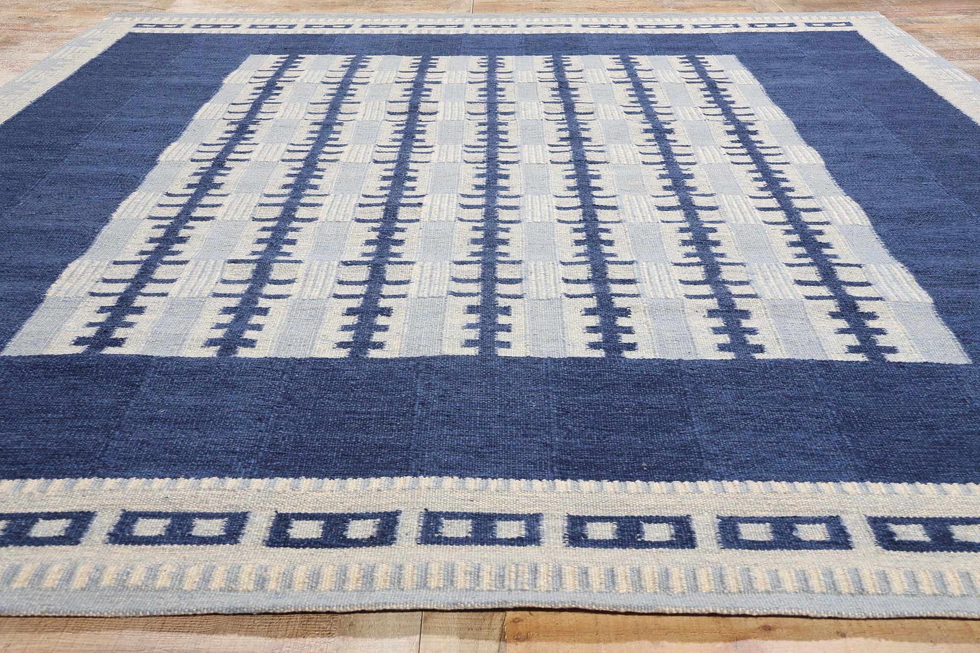 Wool Swedish Scandinavian Blue Kilim Rug Inspired by Irma Kronlund For Sale