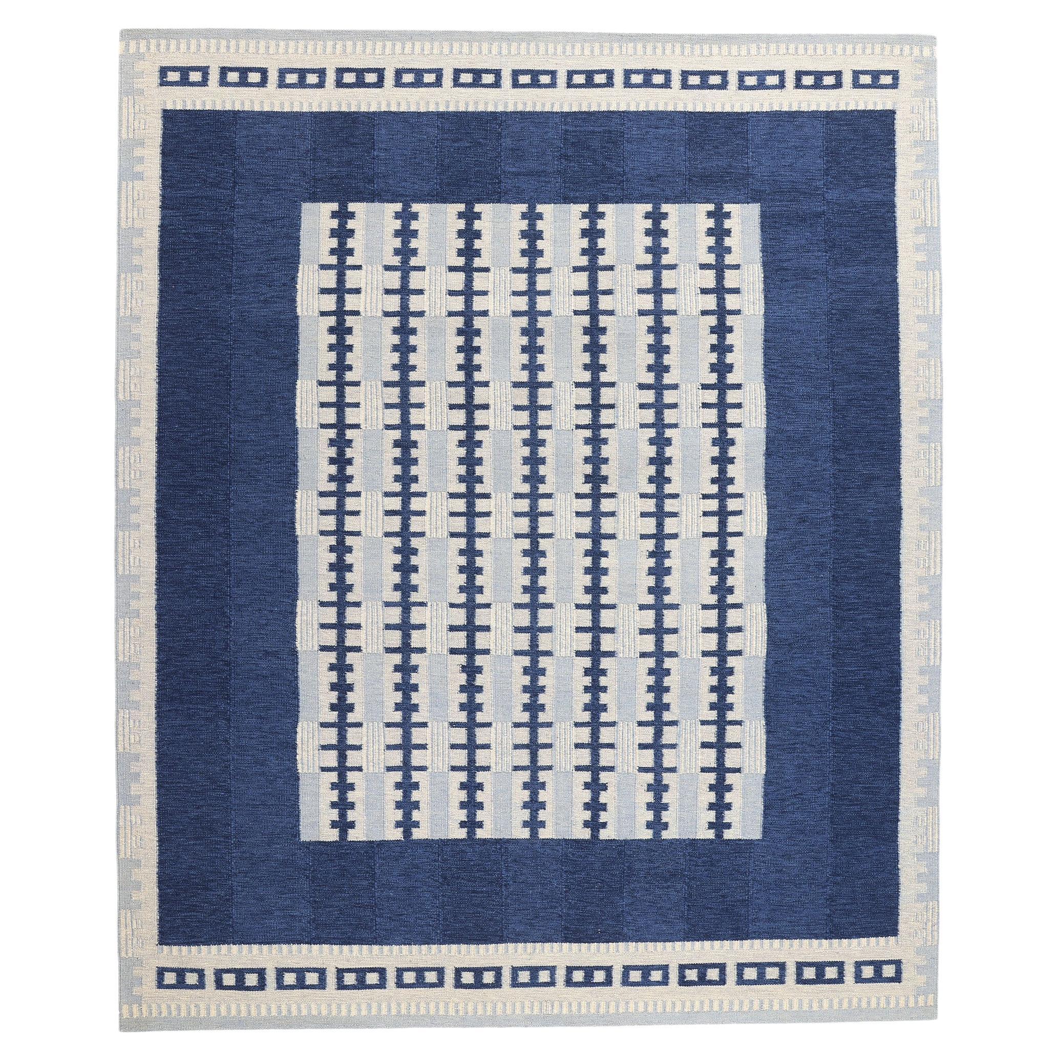 Swedish Scandinavian Blue Kilim Rug Inspired by Irma Kronlund For Sale